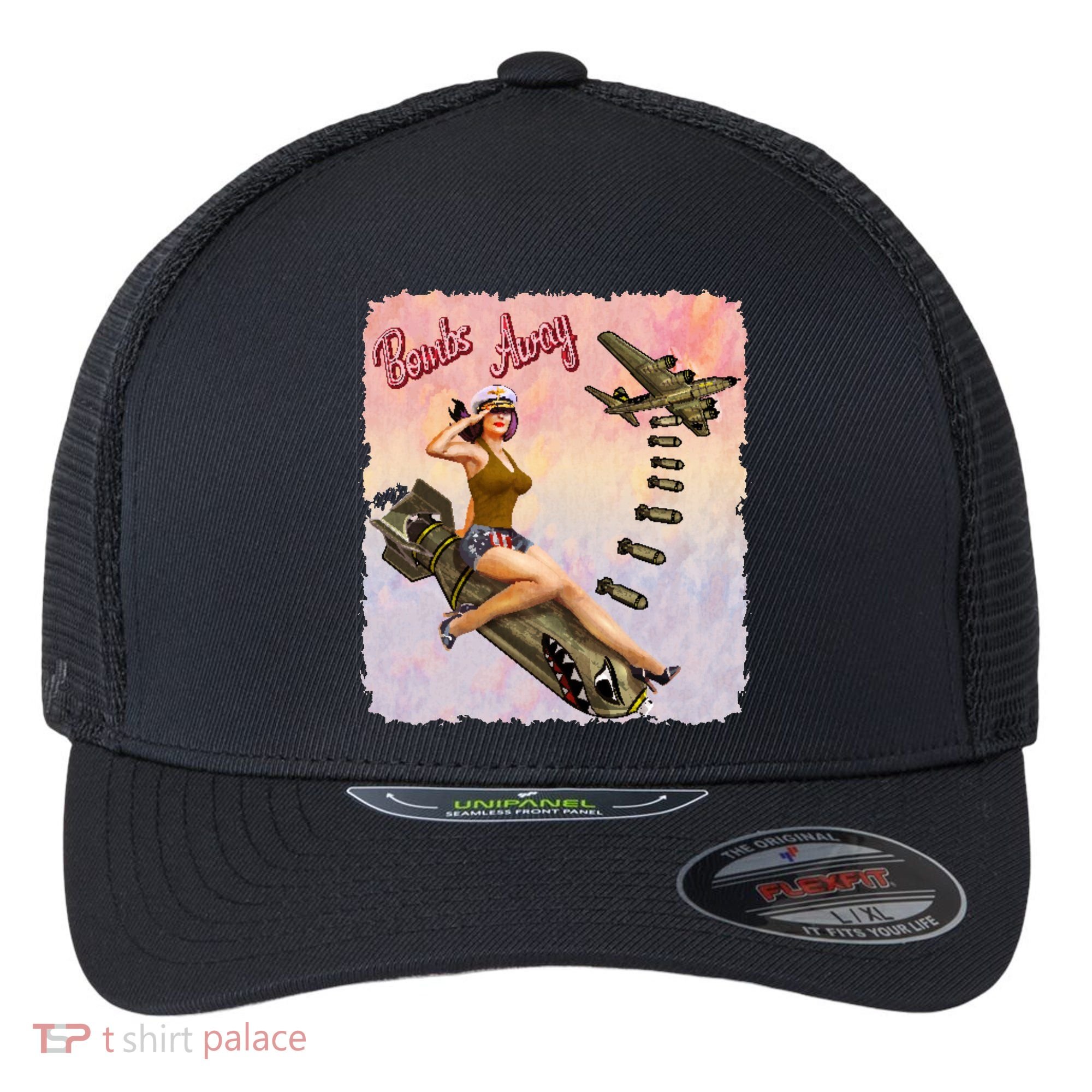 Retro Pin Up Girl Bombs Away Retro Flexfit Unipanel Trucker Cap