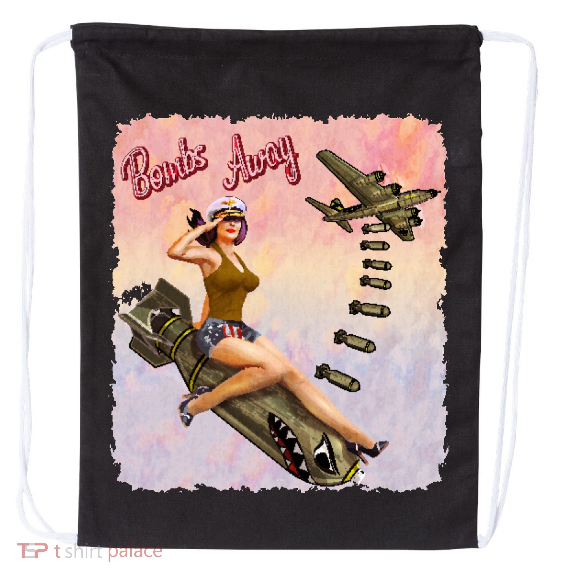 Retro Pin Up Girl Bombs Away Retro Drawstring Bag