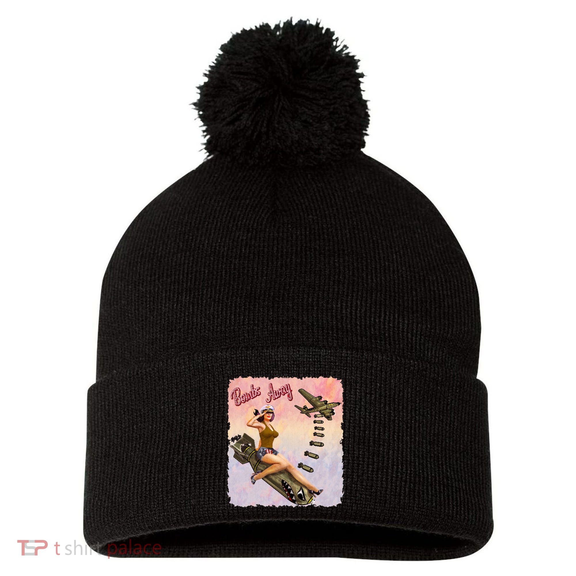 Retro Pin Up Girl Bombs Away Retro Pom Pom 12in Knit Beanie