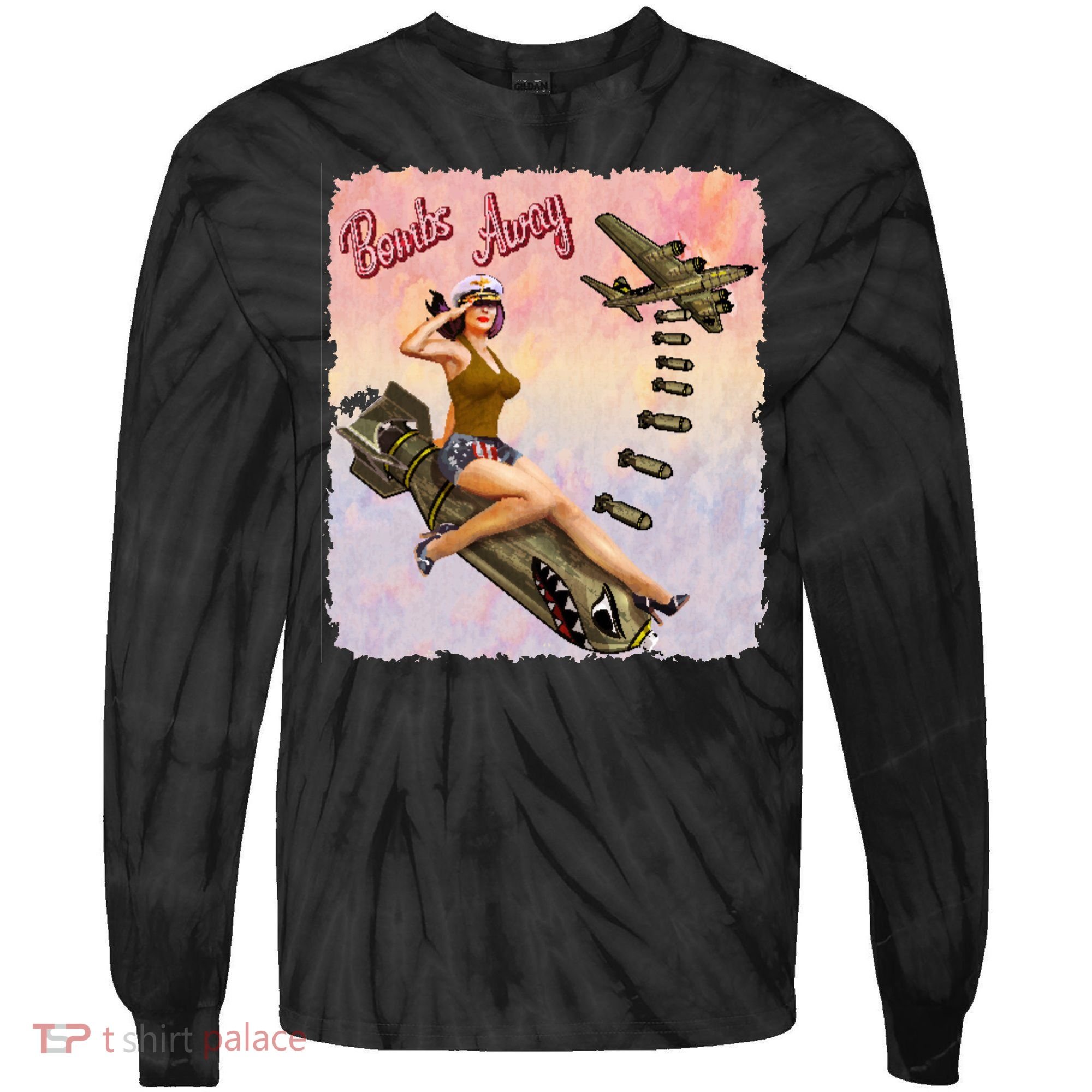 Retro Pin Up Girl Bombs Away Retro Tie-Dye Long Sleeve Shirt