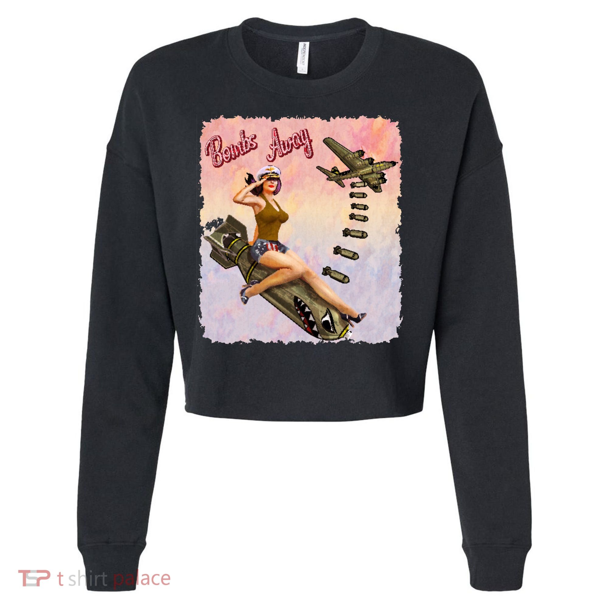 Retro Pin Up Girl Bombs Away Retro Cropped Pullover Crew