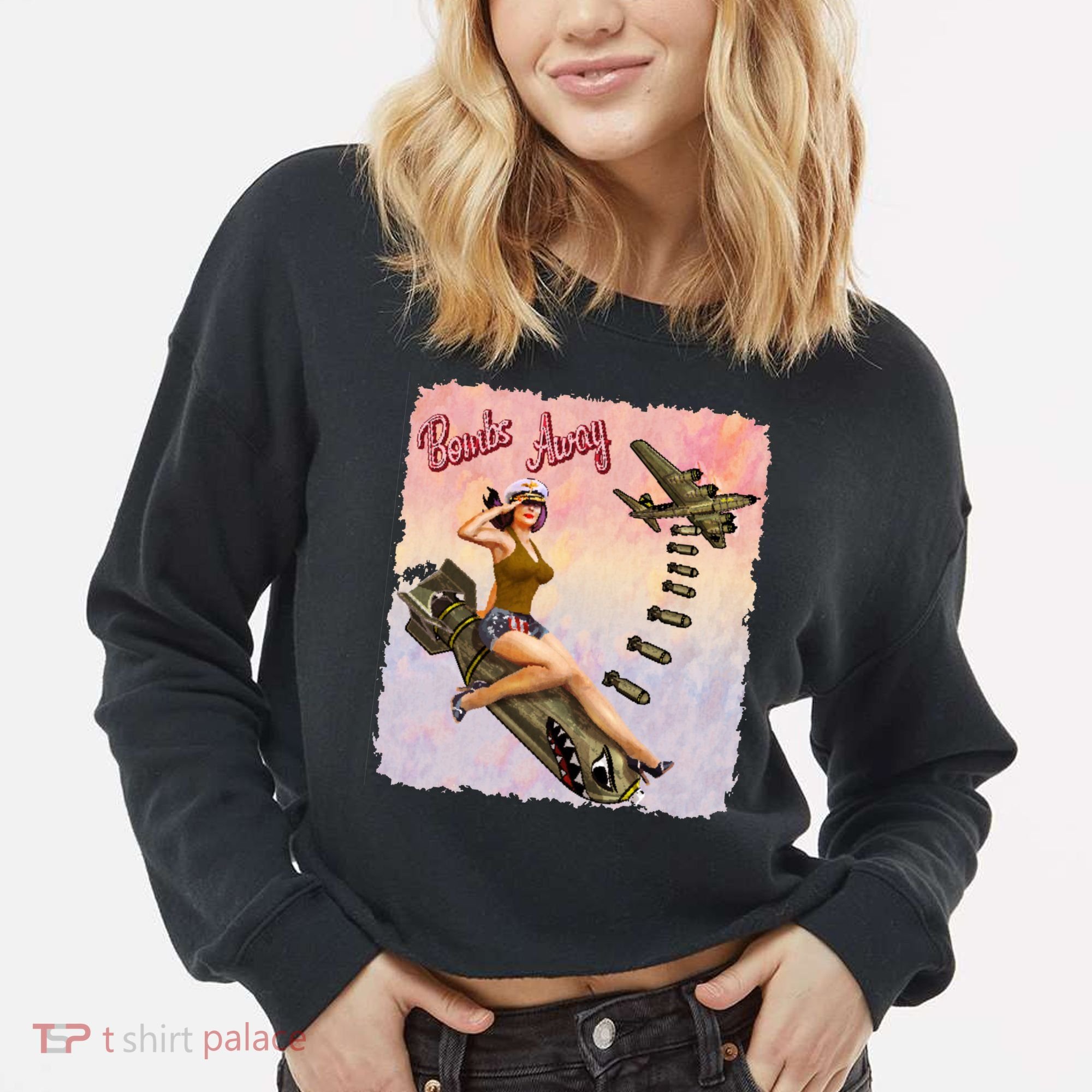 Retro Pin Up Girl Bombs Away Retro Cropped Pullover Crew