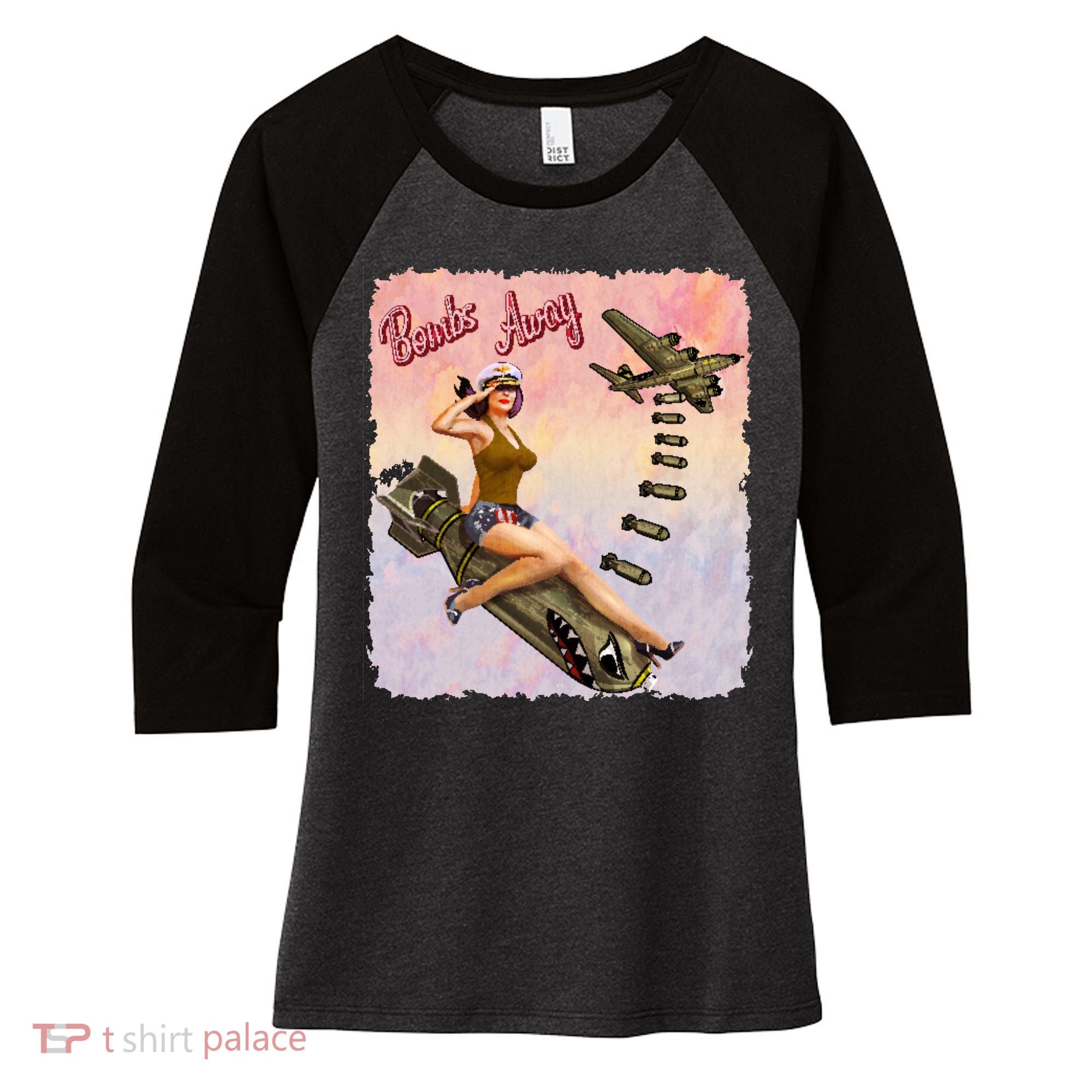 Retro Pin Up Girl Bombs Away Retro Women's Tri-Blend 3/4-Sleeve Raglan Shirt