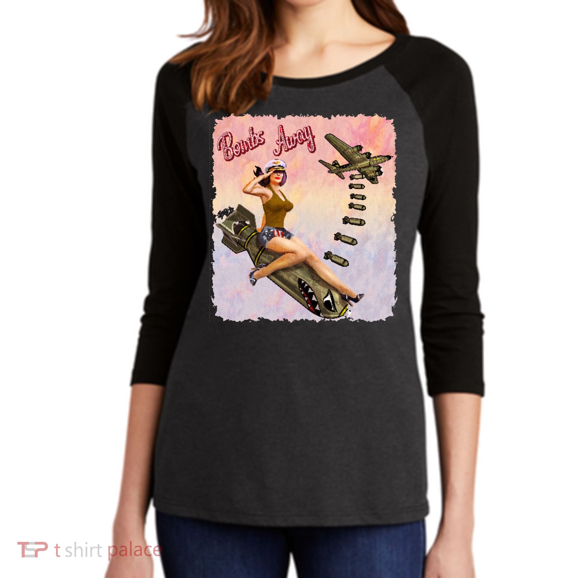 Retro Pin Up Girl Bombs Away Retro Women's Tri-Blend 3/4-Sleeve Raglan Shirt