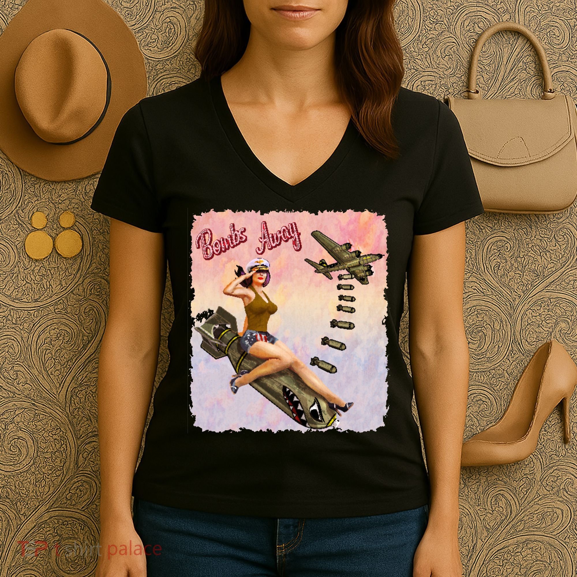 Retro Pin Up Girl Bombs Away Retro Women's V-Neck T-Shirt