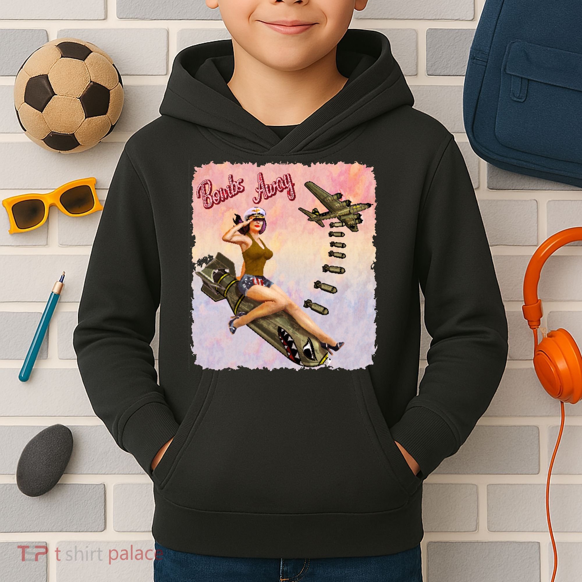 Retro Pin Up Girl Bombs Away Retro Kids Hoodie