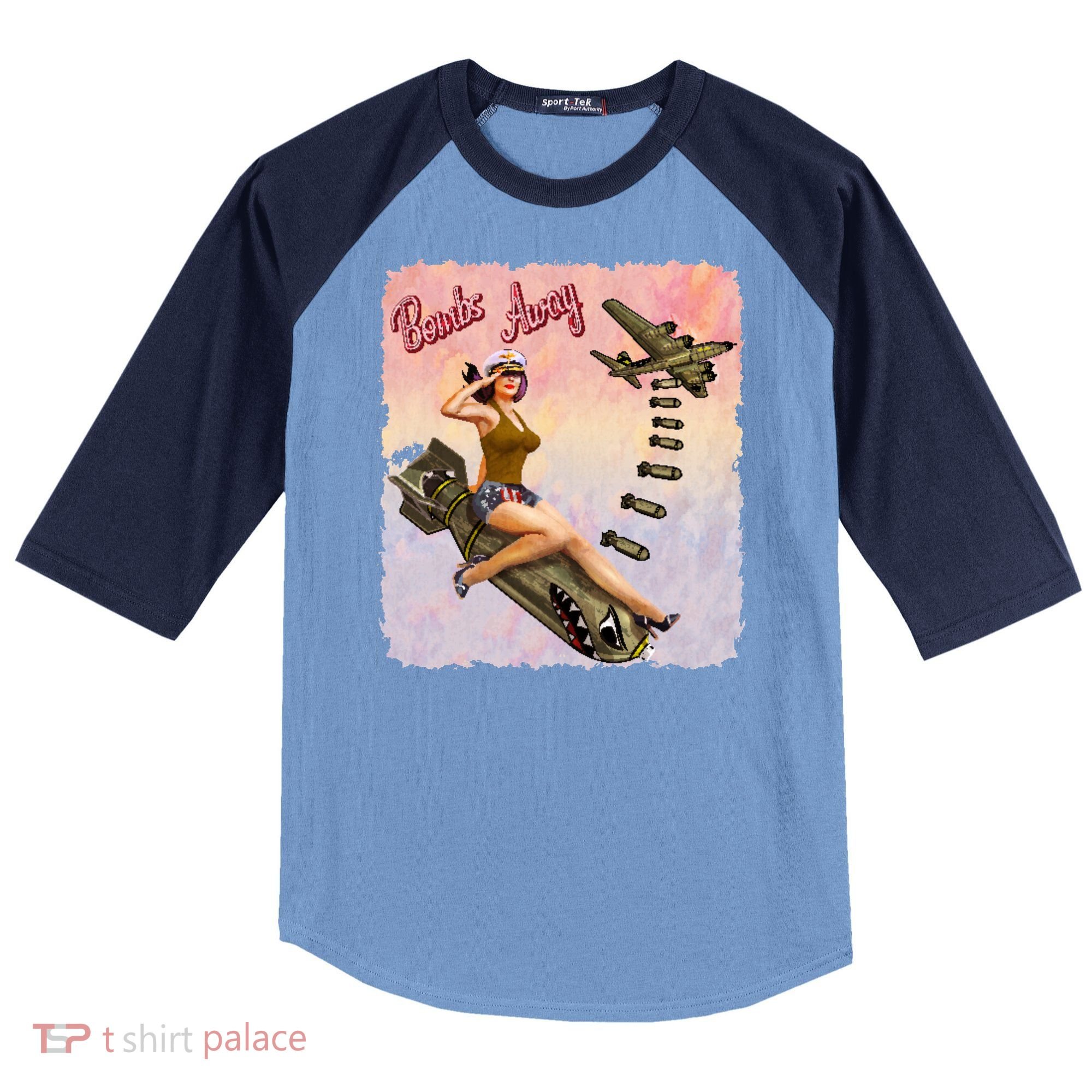 Retro Pin Up Girl Bombs Away Retro Raglan Baseball Sleeve Shirt