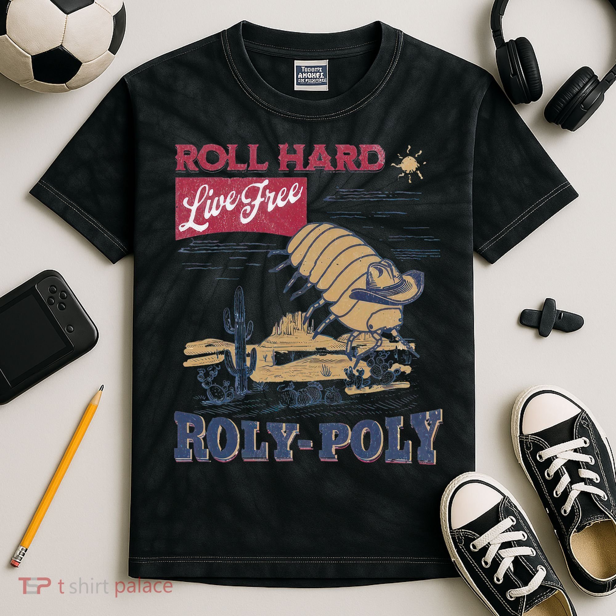 Roly Poly Western Rodeo Cowboy Dung Beetle Retro Kids Tie-Dye T-Shirt
