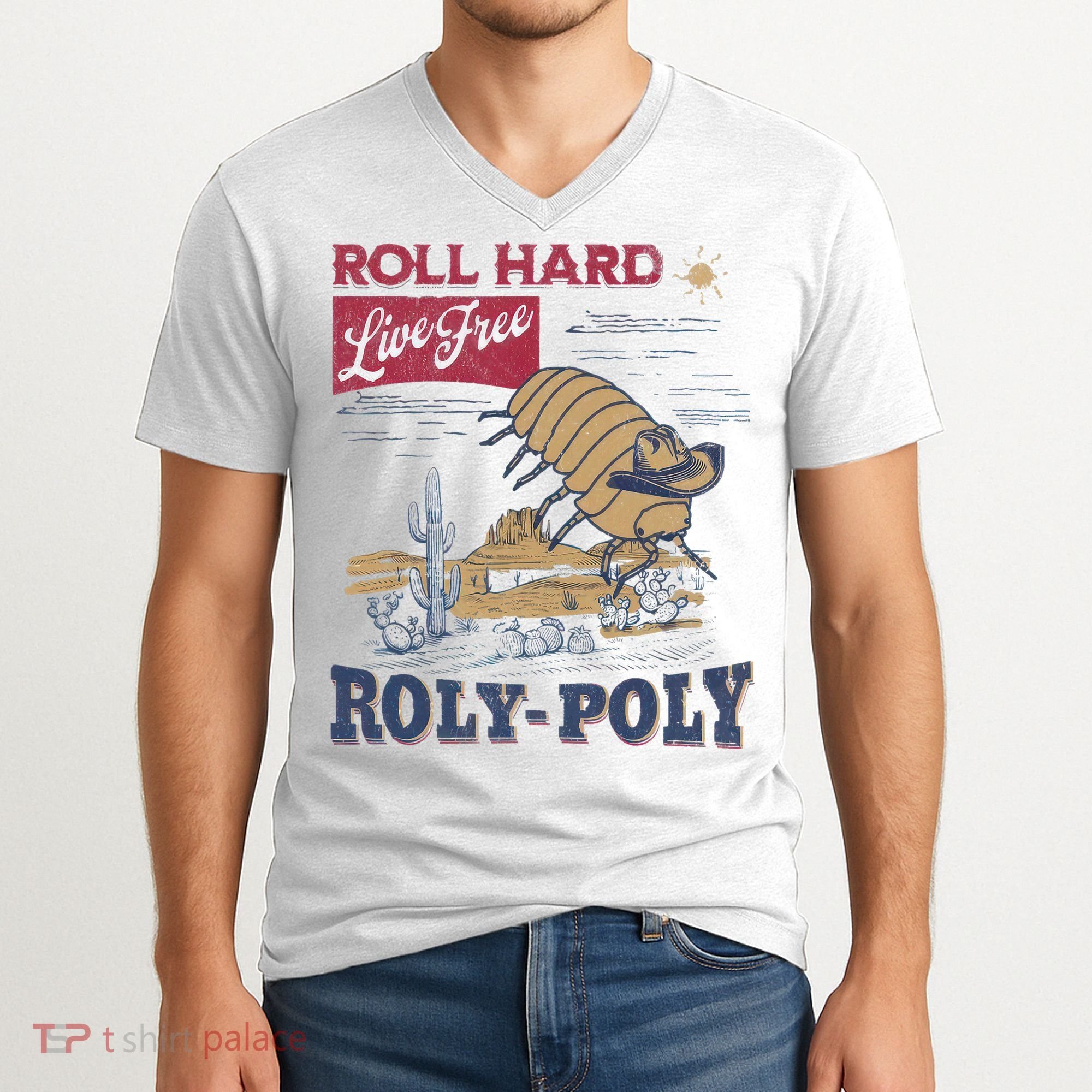 Roly Poly Western Rodeo Cowboy Dung Beetle Retro V-Neck T-Shirt