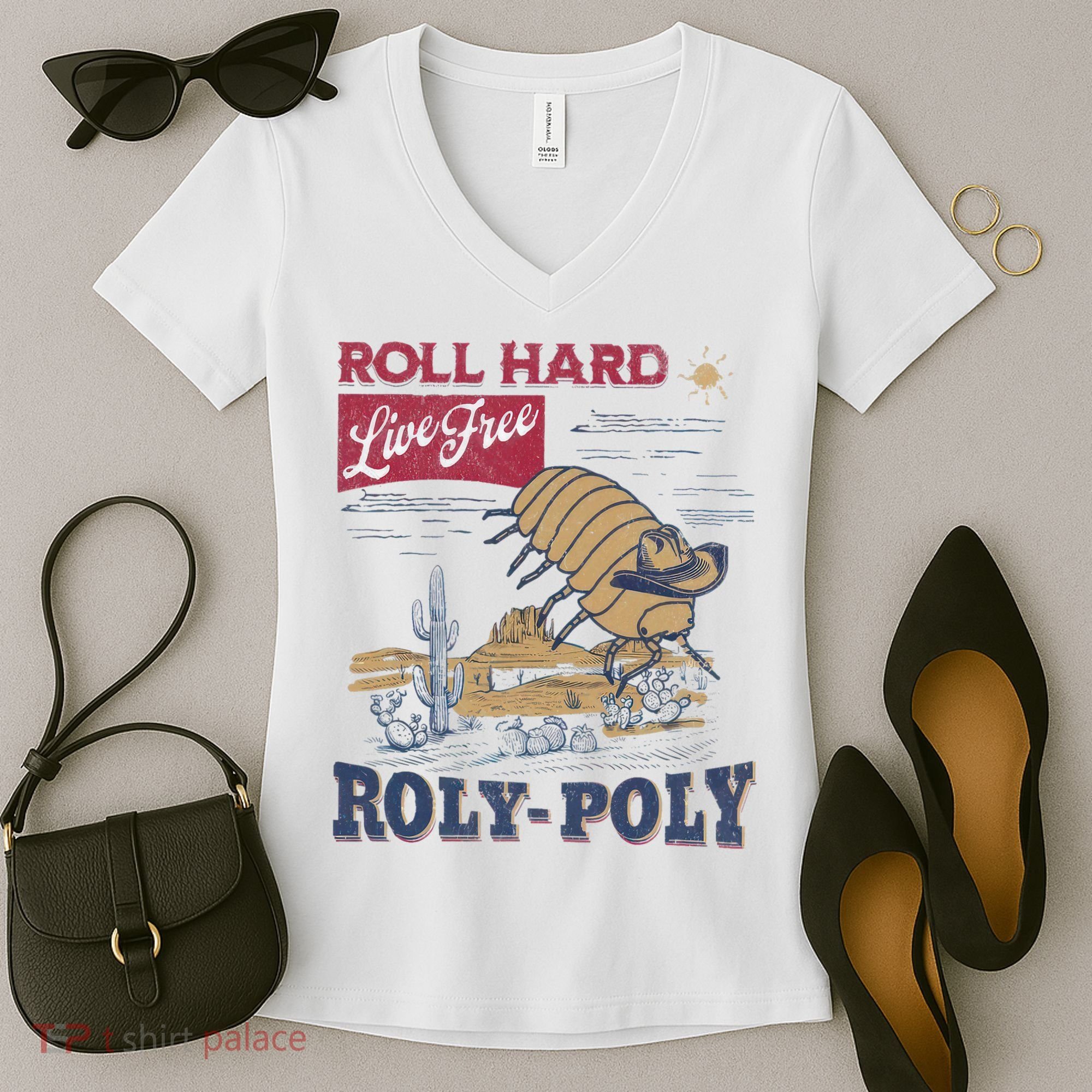Roly Poly Western Rodeo Cowboy Dung Beetle Retro Women's V-Neck T-Shirt