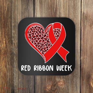 Red Ribbon Awareness Week Leopard Print Heart Coaster
