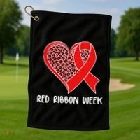 Red Ribbon Awareness Week Leopard Print Heart Golf Towel thumb 1