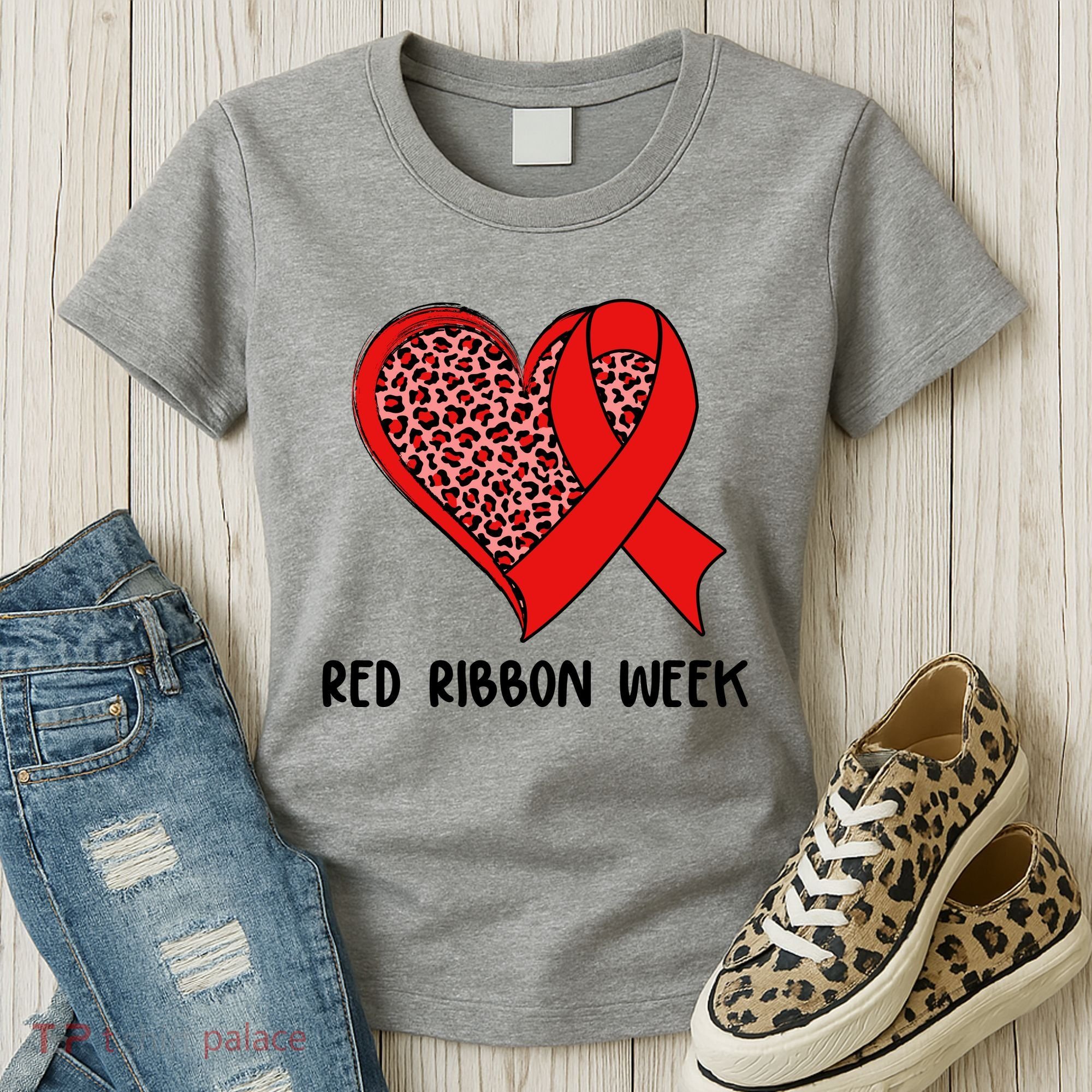 Red Ribbon Awareness Week Leopard Print Heart Women's T-Shirt