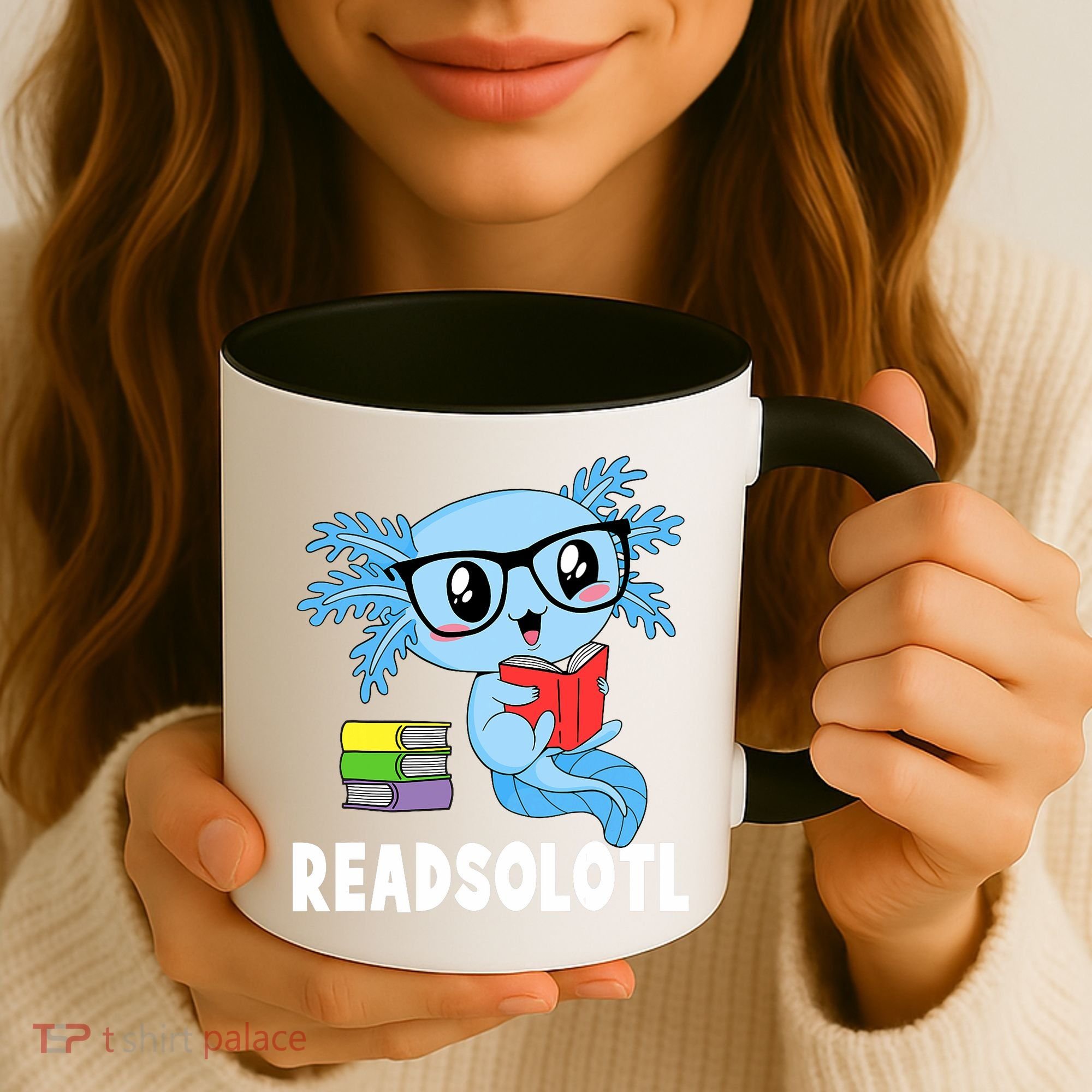 Readsolotl Read Book Funny Kawaii Blue Axolotl Reading Books Coffee Mug