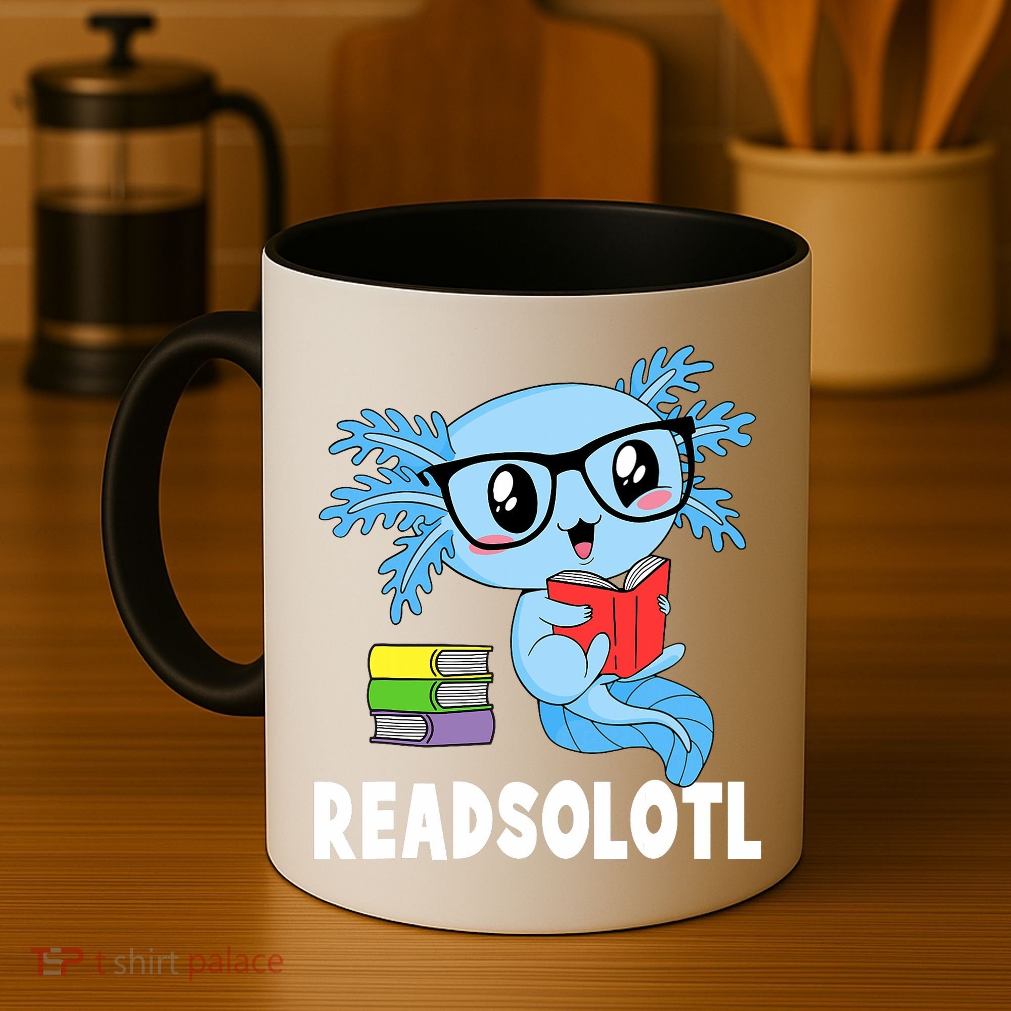 Readsolotl Read Book Funny Kawaii Blue Axolotl Reading Books Coffee Mug
