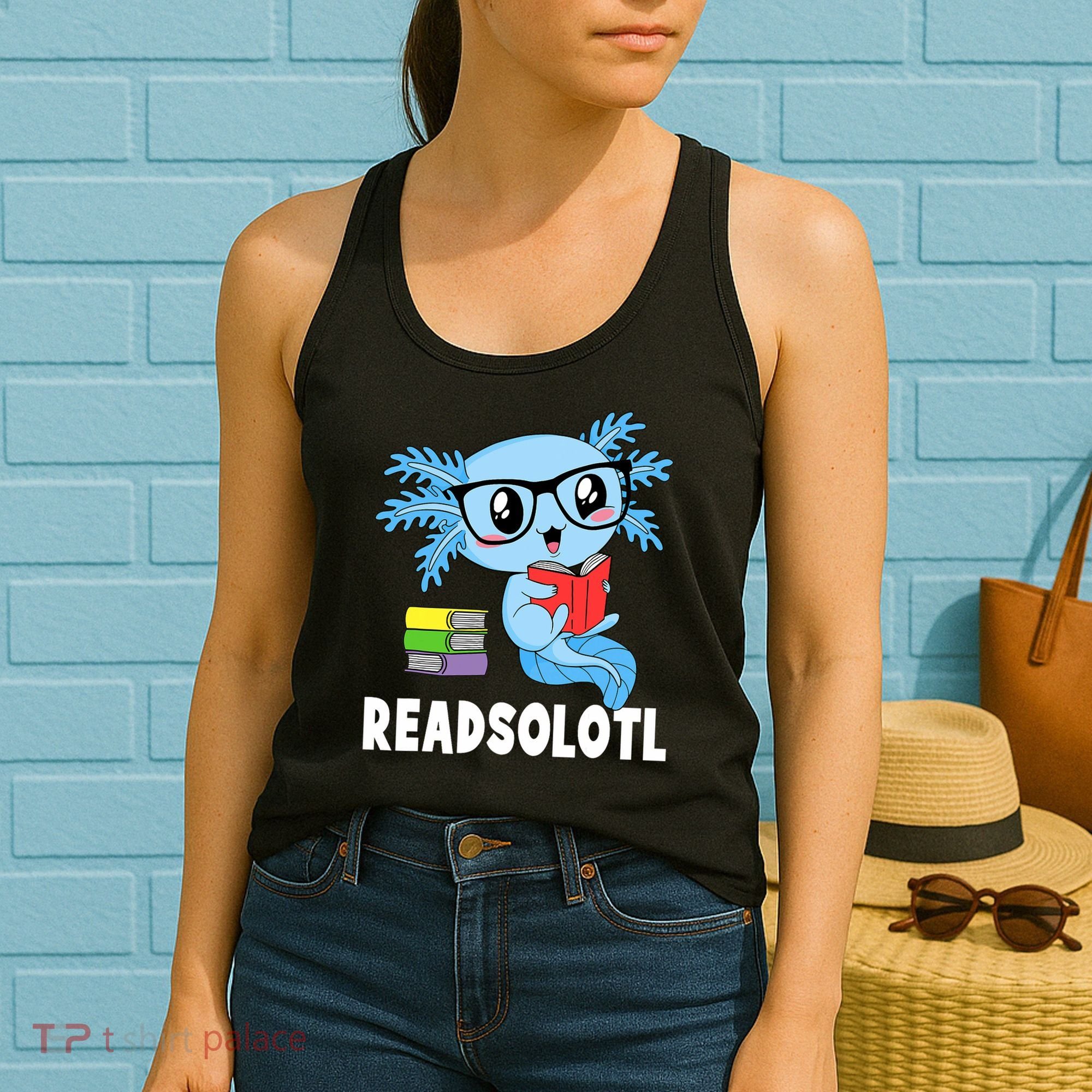Readsolotl Read Book Funny Kawaii Blue Axolotl Reading Books Women's Tank Top