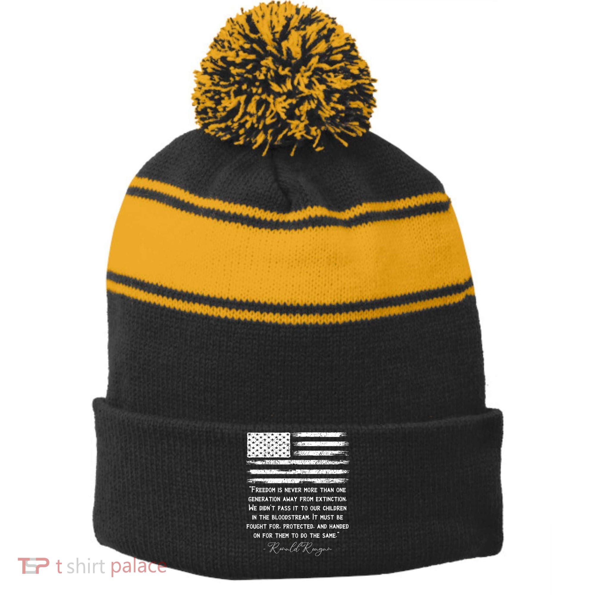 Ronald Reagan Conservative Anti Democrat Stripe Pom Pom Beanie