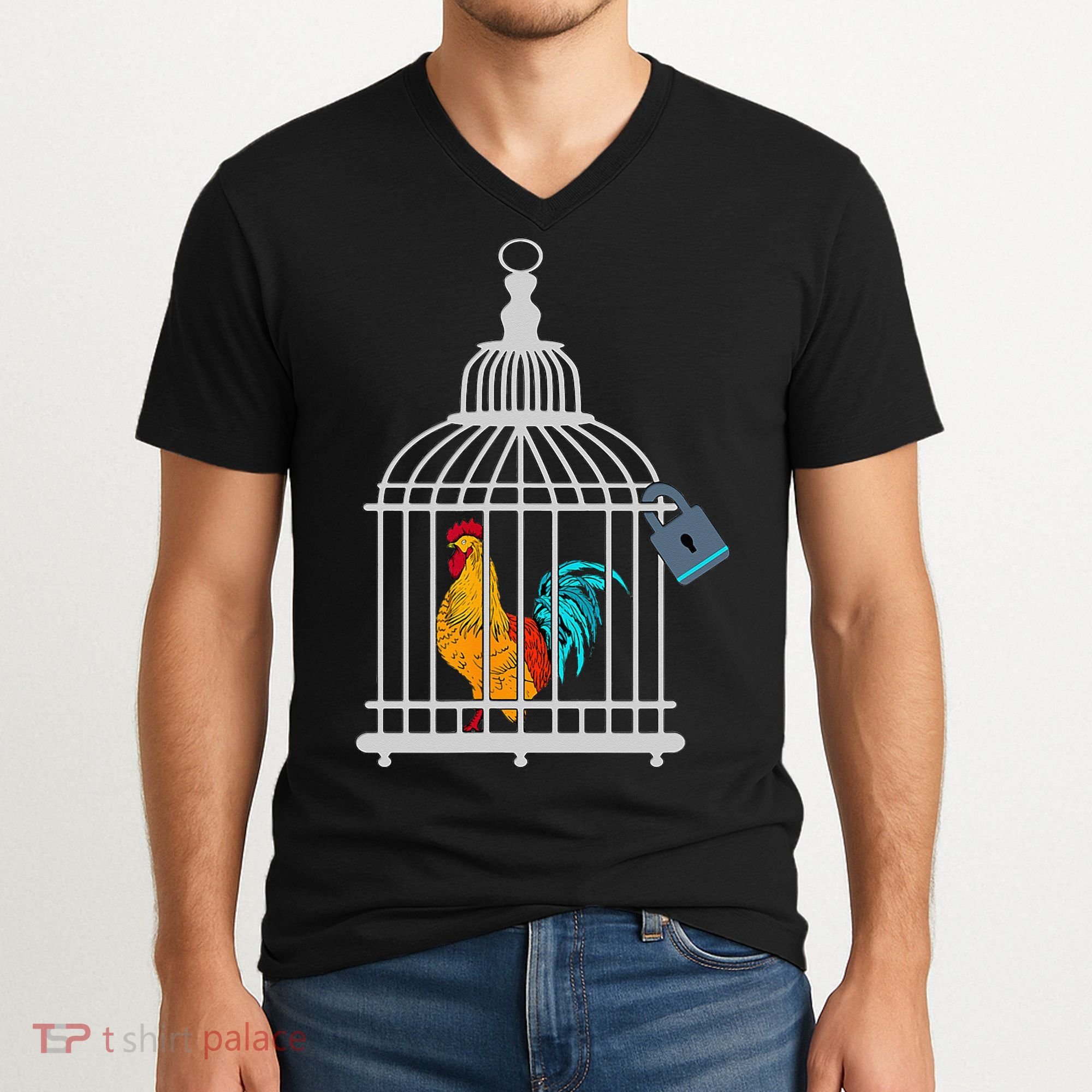 RED ROOSTER COCK MALE CHASTITY Chicken In Cage V-Neck T-Shirt