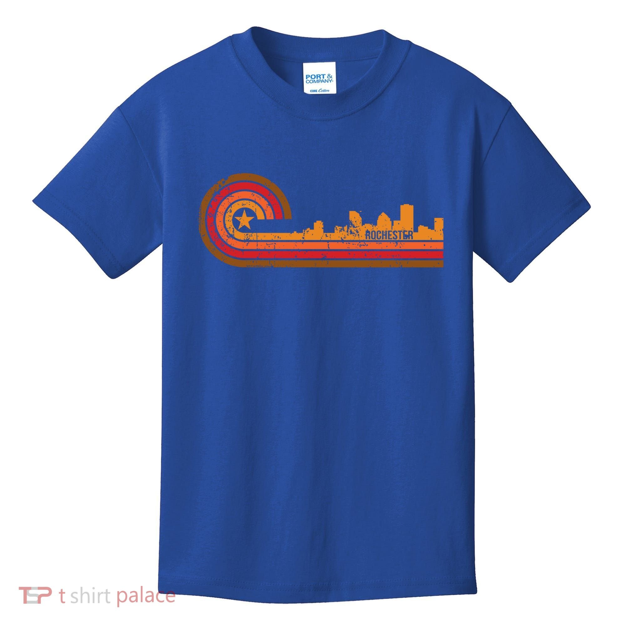 Retro Rochester Cityscape Gift Rochester Ny Skyline Gift Kids T-Shirt