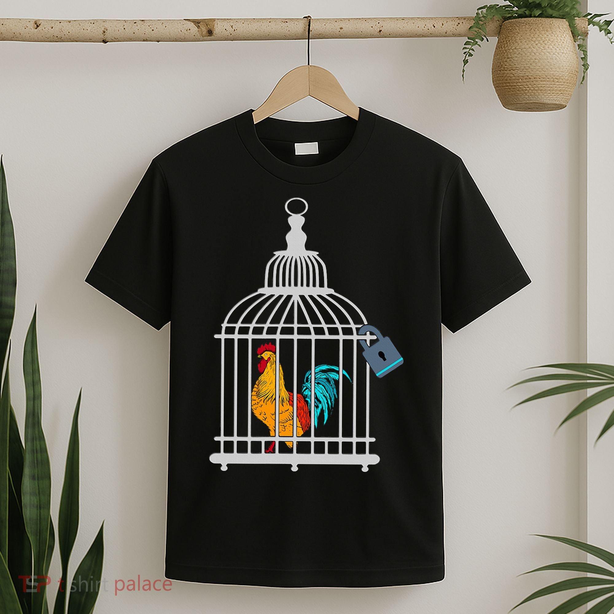 Red Rooster Cock Male Chastity Chicken In Cage T-Shirt