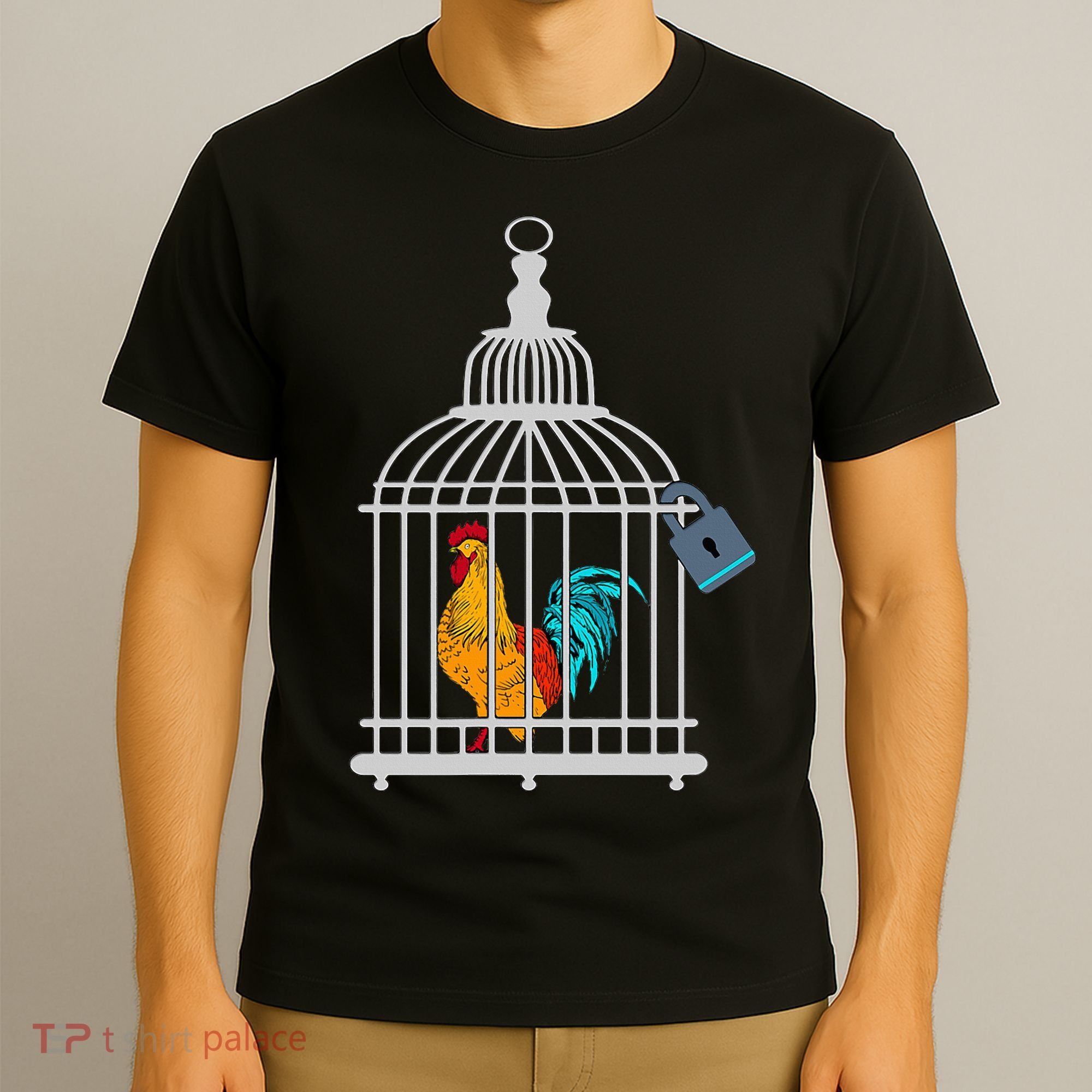 Red Rooster Cock Male Chastity Chicken In Cage T-Shirt