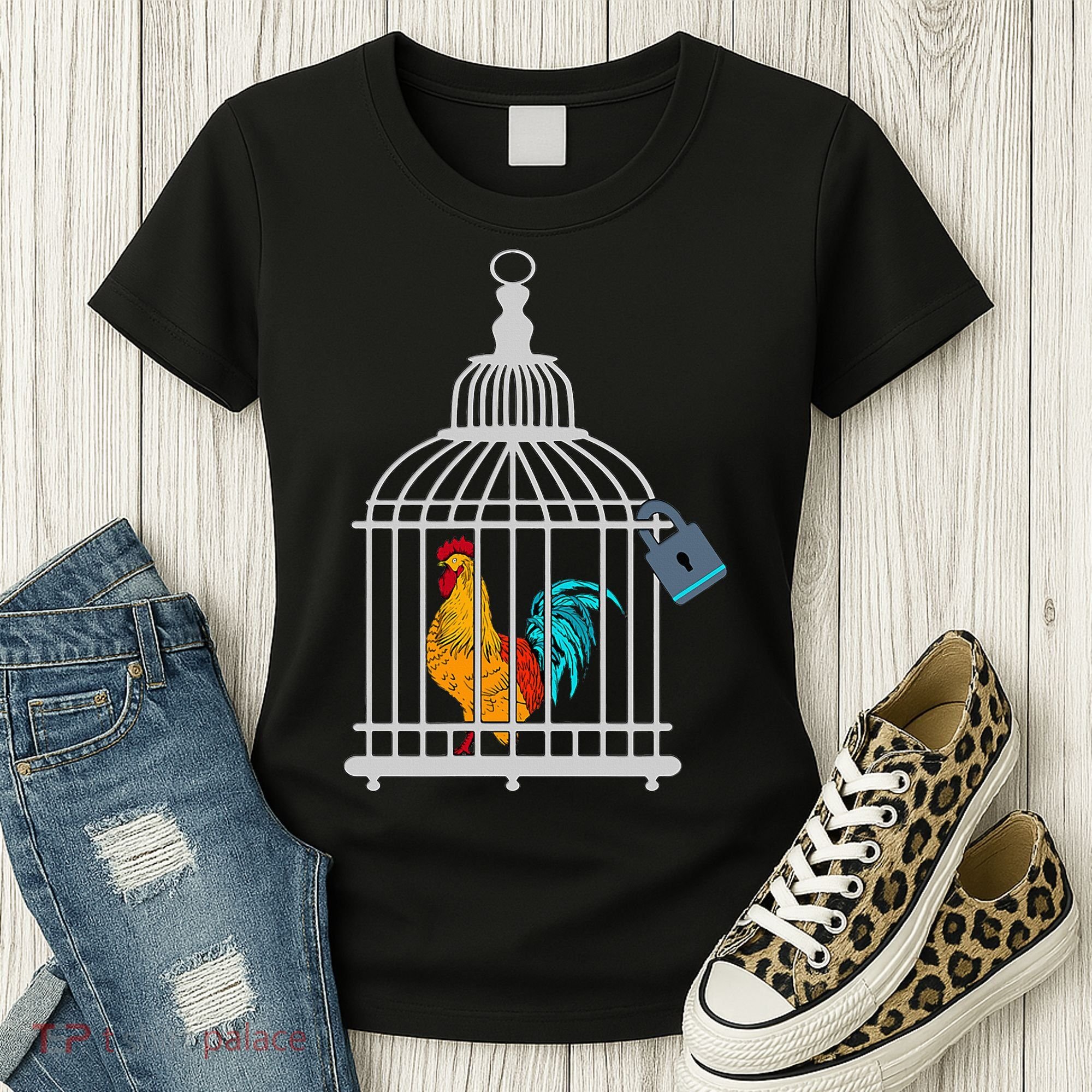 Red Rooster Cock Male Chastity Chicken In Cage Women's T-Shirt