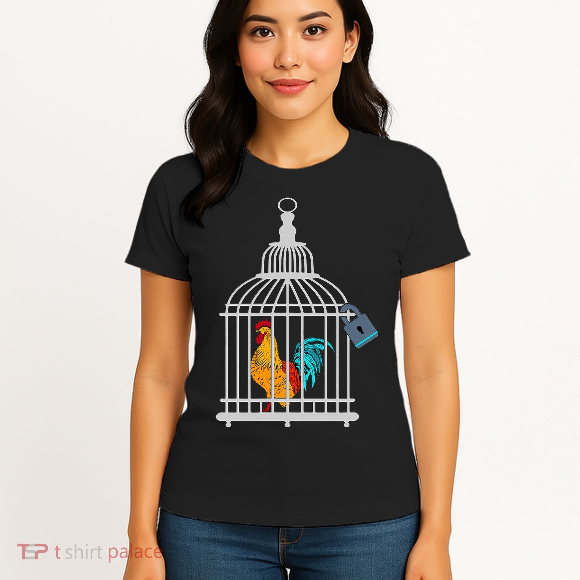 Red Rooster Cock Male Chastity Chicken In Cage Women's T-Shirt