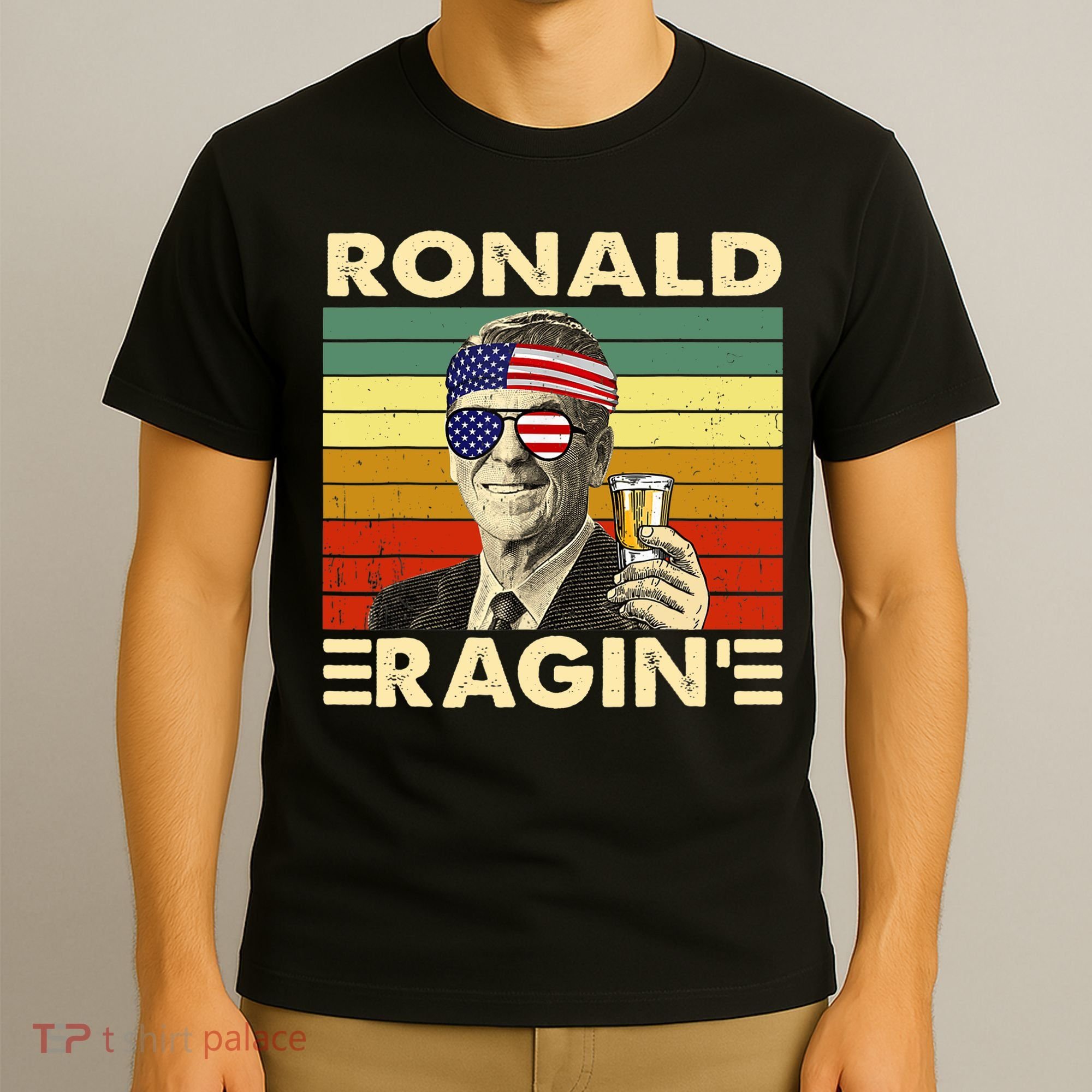 Ronald Ragin Drinking President Vintage Retro American Flag T-Shirt