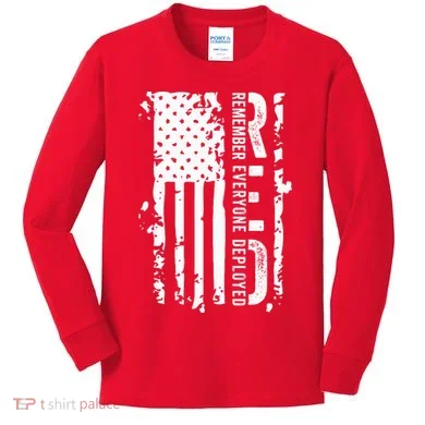 RED Remember Everyone Deployed Distressed Flag Kids Long Sleeve Shirt