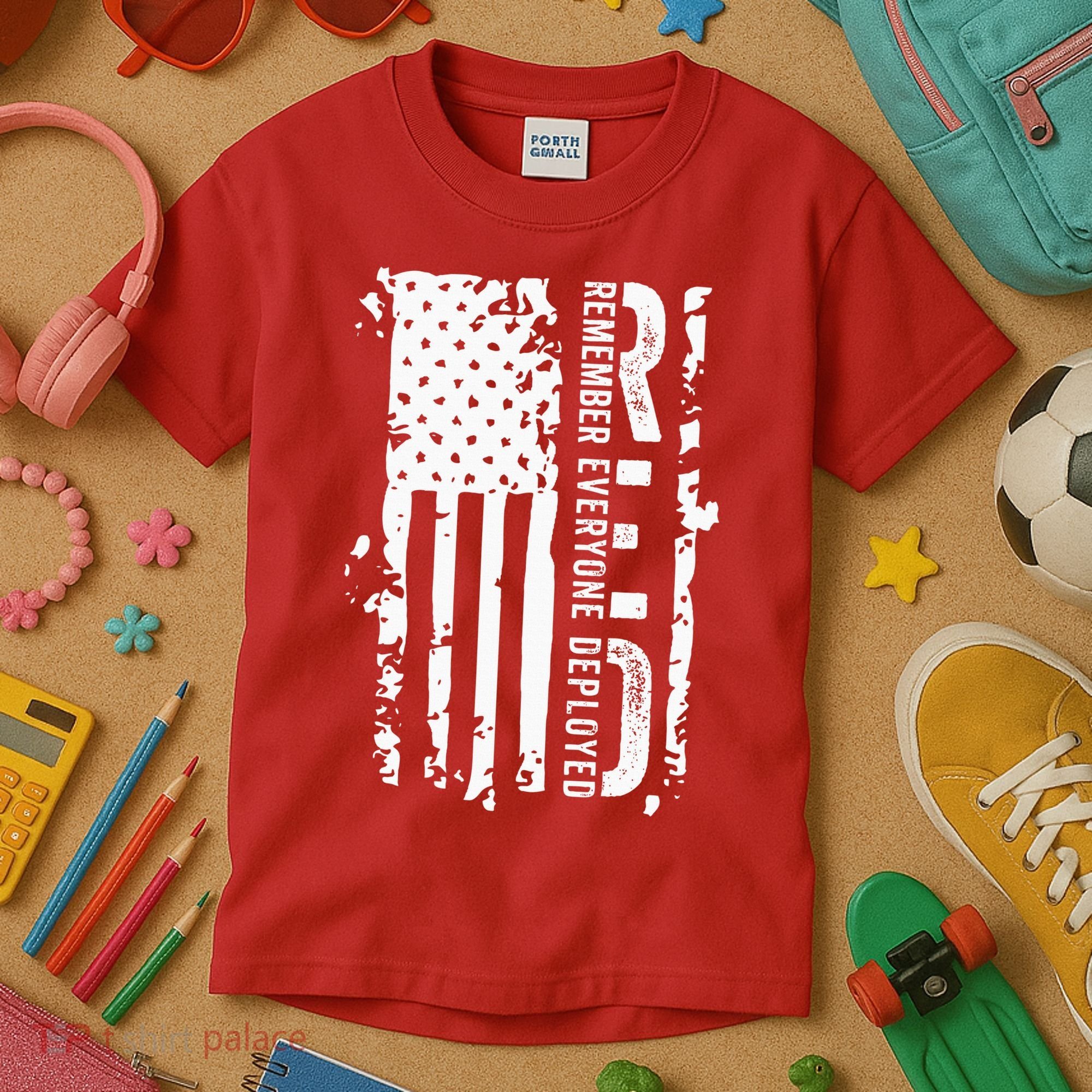 RED Remember Everyone Deployed Distressed Flag Kids T-Shirt