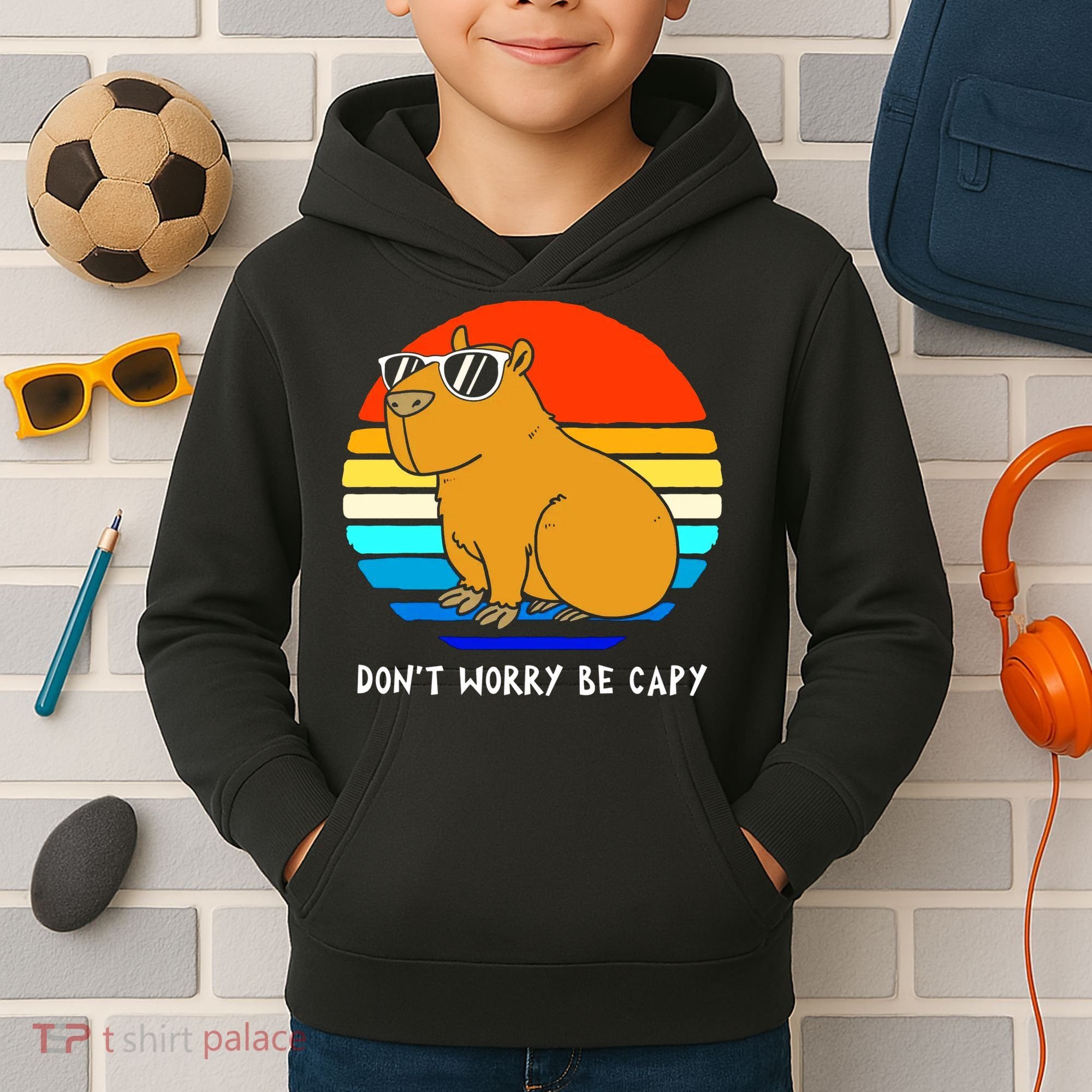 Retro Rodent Funny Capybara Dont Be Worry Be Capy Kids Hoodie