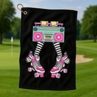 Retro Rollerskates Funny 80S Roller Disco Skating Girl Golf Towel thumb 1