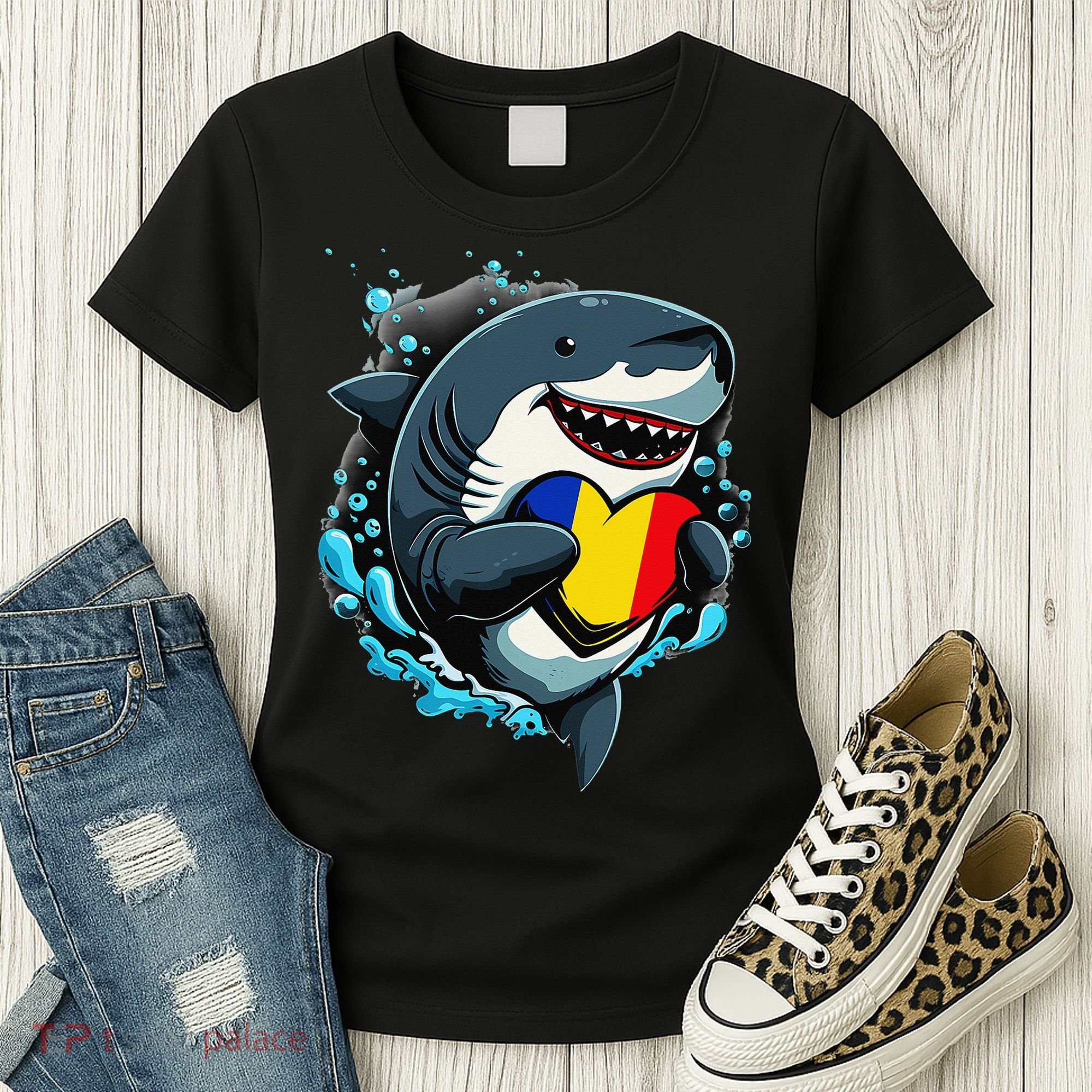 Romanian Roots Heart Romanian Pride Shark Romania Flag Women's T-Shirt