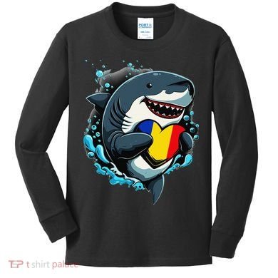 Romanian Roots Heart Romanian Pride Shark Romania Flag Kids Long Sleeve Shirt