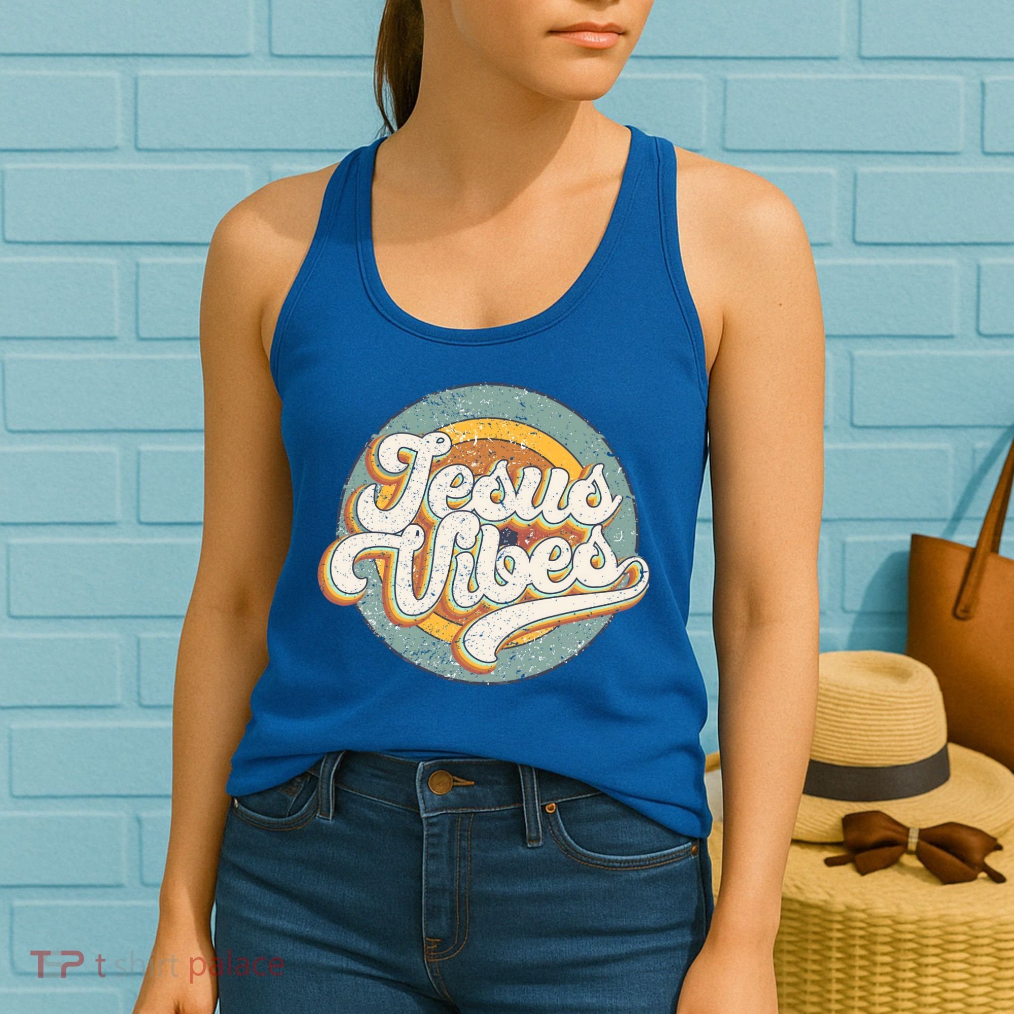 Retro Rainbow Jesus Vibes Bible Verse Christian Religious Gift Women's Tank Top