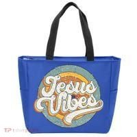 Retro Rainbow Jesus Vibes Bible Verse Christian Religious Gift Tote Bag thumb 0