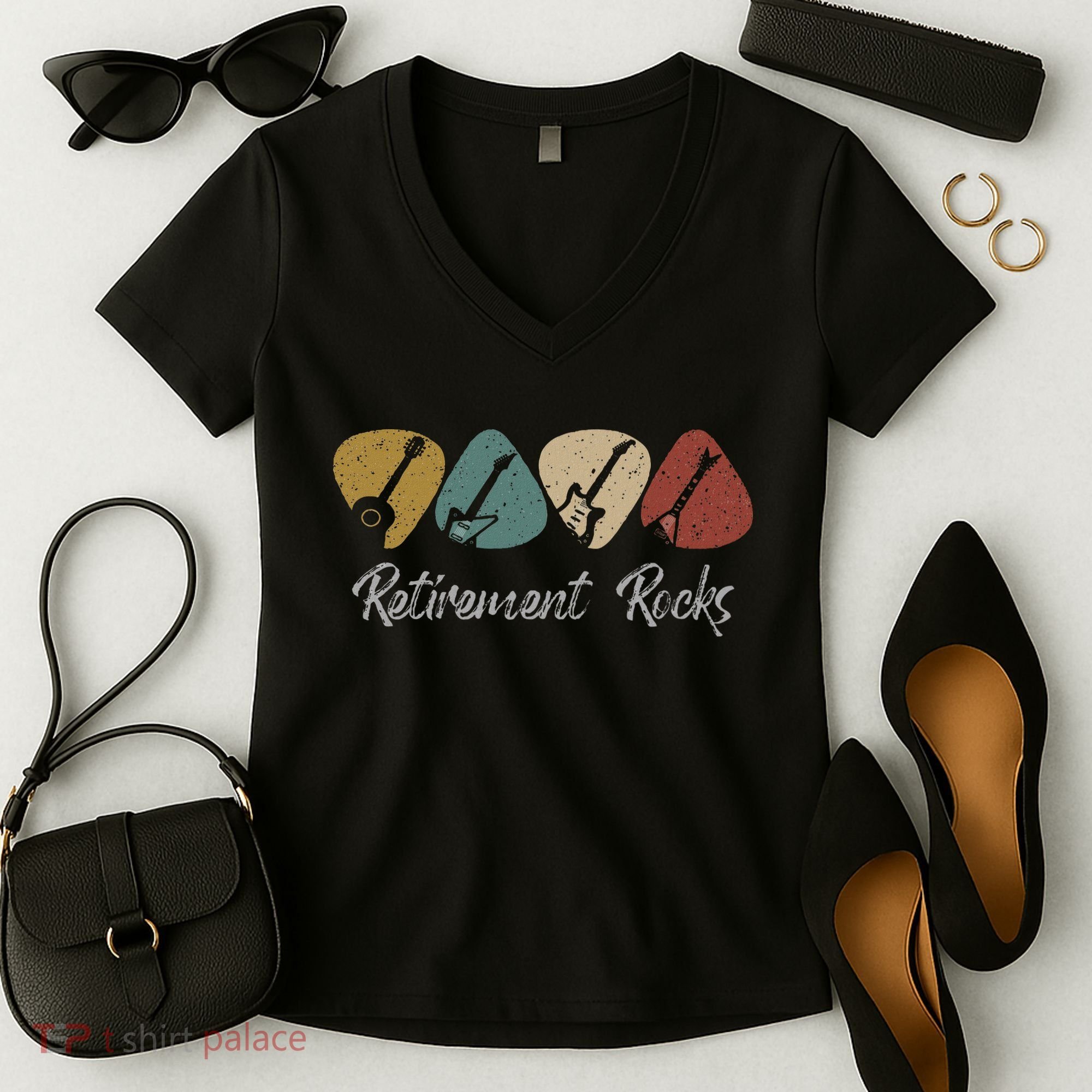 Retirement Rocks Musician Guitar Pick Guitars Guitarists Women's V-Neck T-Shirt