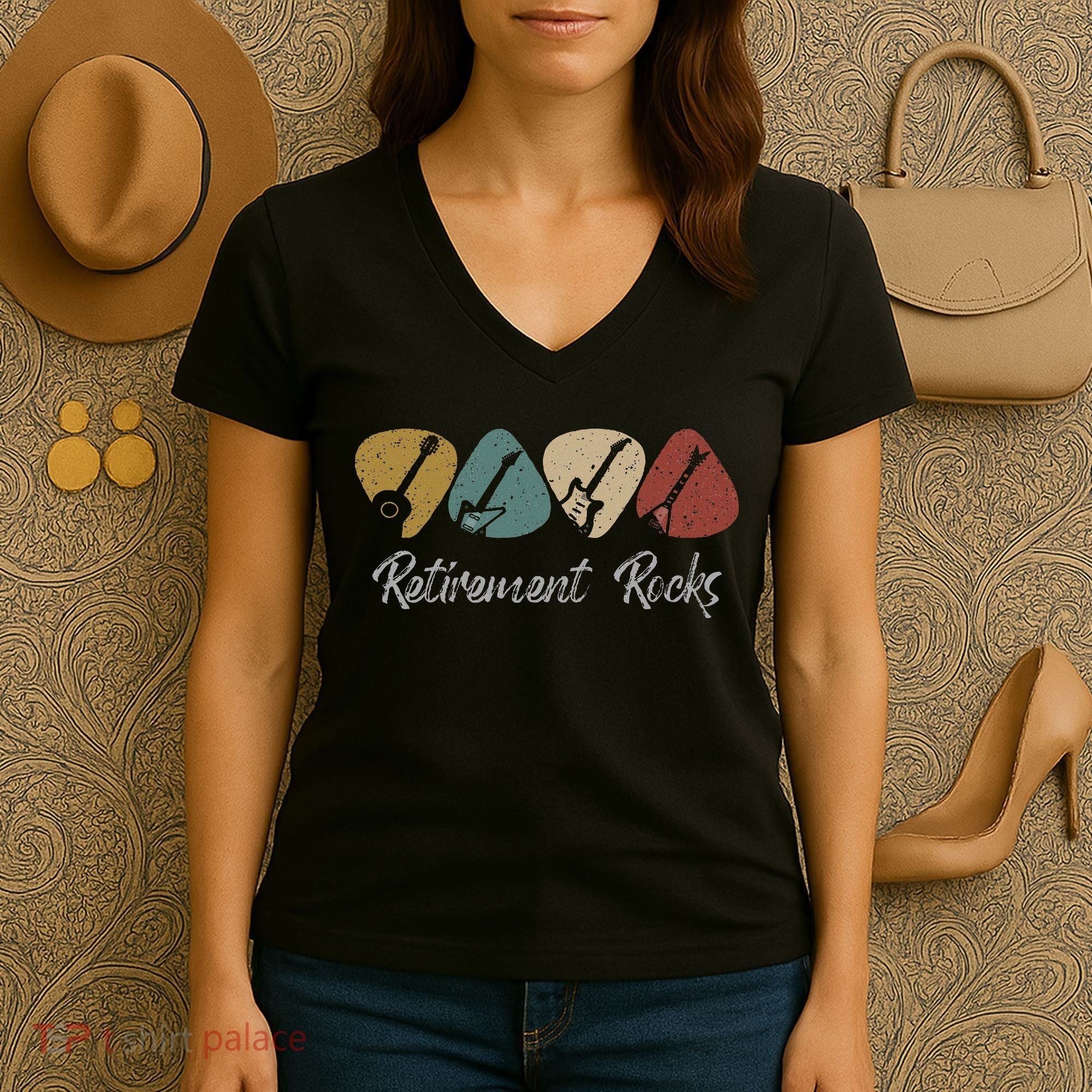 Retirement Rocks Musician Guitar Pick Guitars Guitarists Women's V-Neck T-Shirt