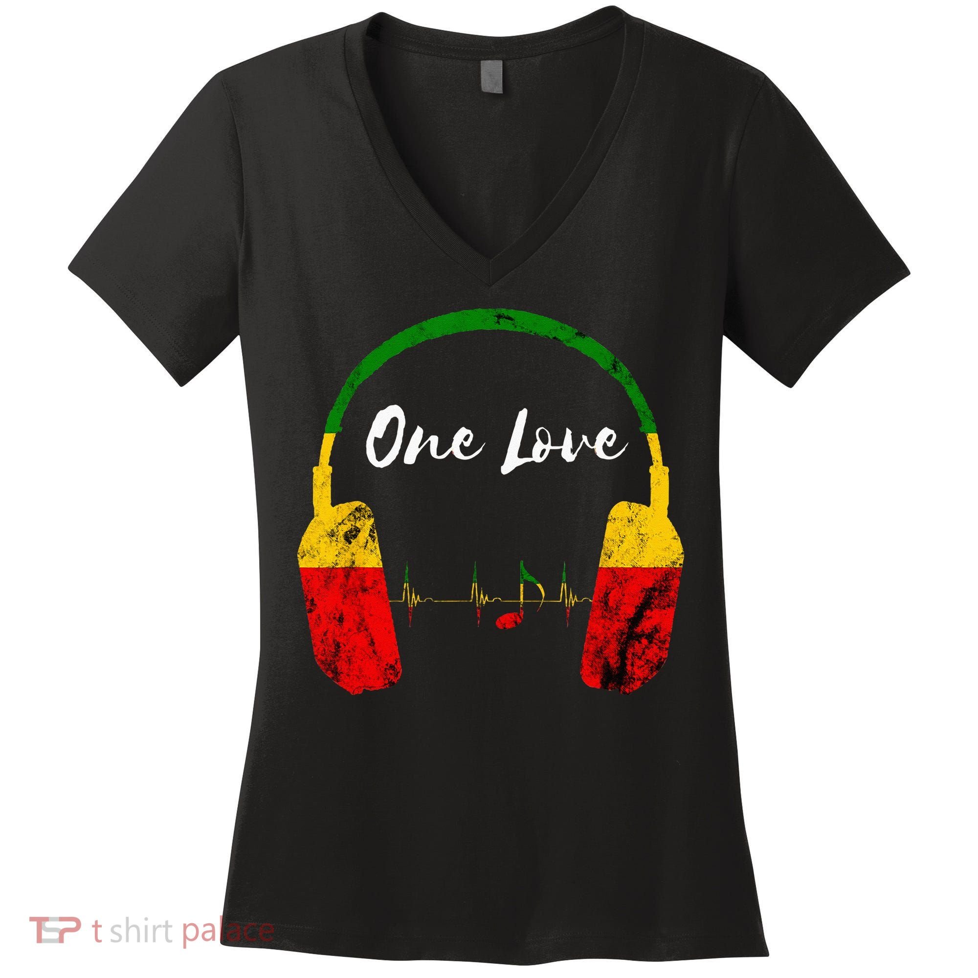 Rasta Reggae Music Headphones Jamaican Pride One Love Women's V-Neck T-Shirt