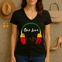 Rasta Reggae Music Headphones Jamaican Pride One Love Women's V-Neck T-Shirt thumb 3