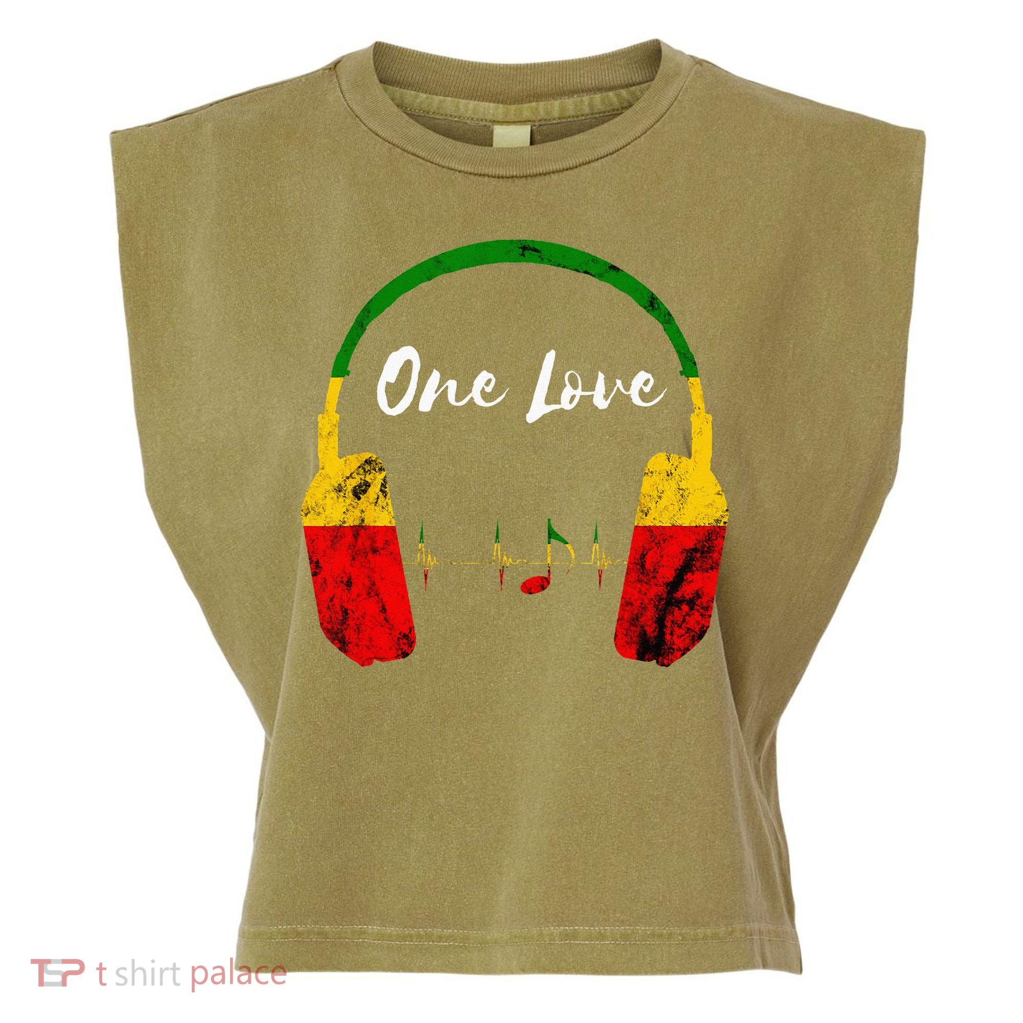 Rasta Reggae Music Headphones Jamaican Pride One Love Garment-Dyed Women's Muscle Tee