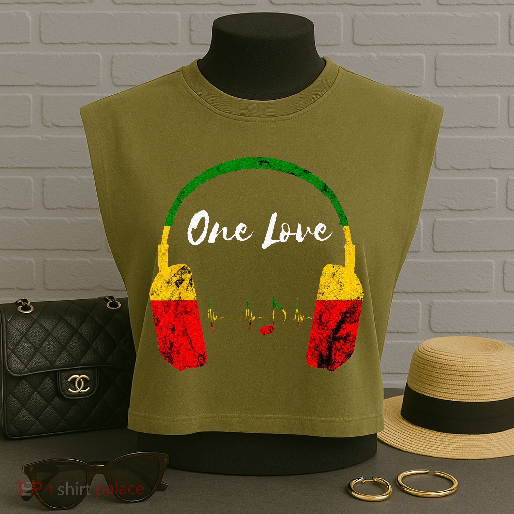 Rasta Reggae Music Headphones Jamaican Pride One Love Garment-Dyed Women's Muscle Tee