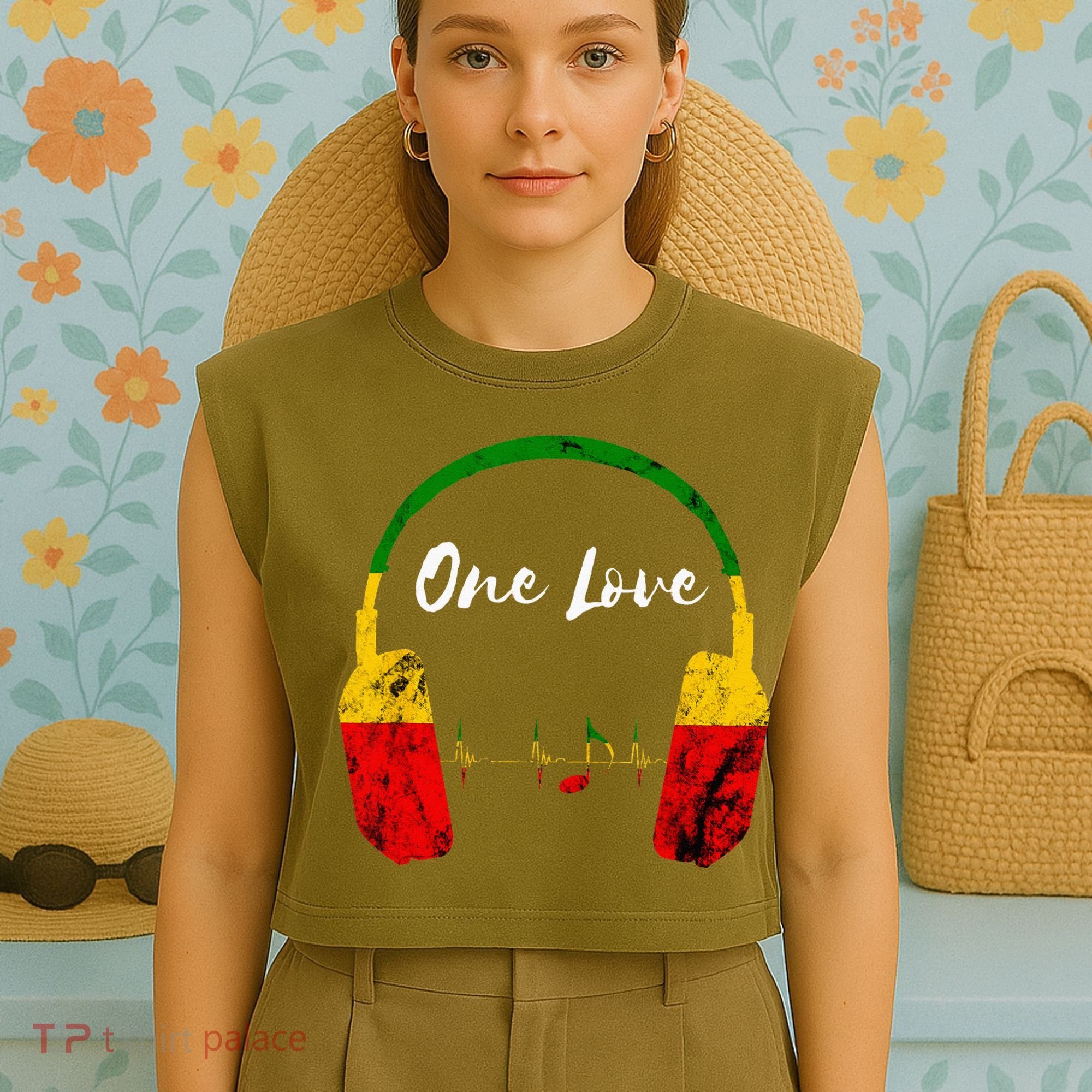 Rasta Reggae Music Headphones Jamaican Pride One Love Garment-Dyed Women's Muscle Tee