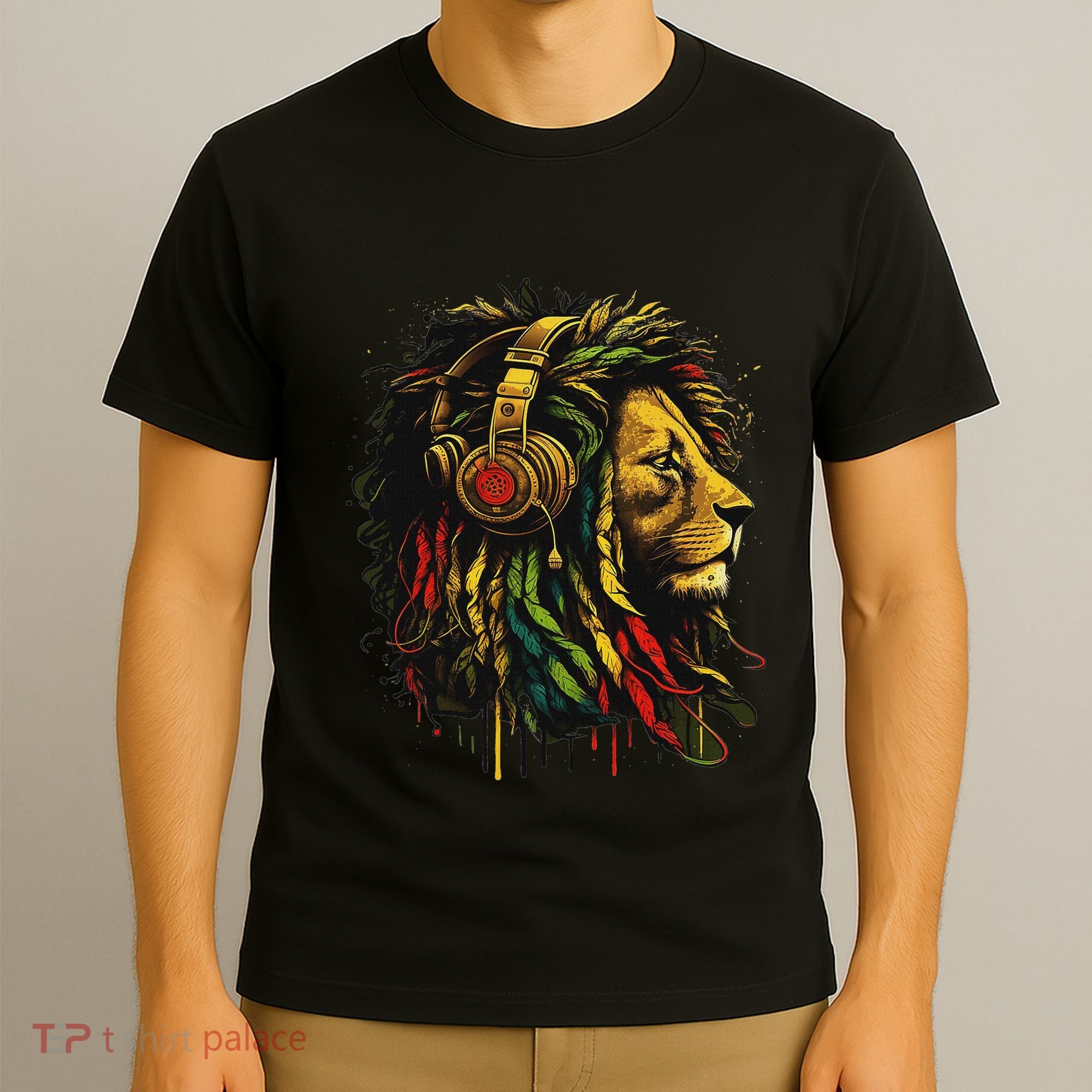 Rasta Reggae Music Headphones Jamaican Pride Lion Of Judah T-Shirt