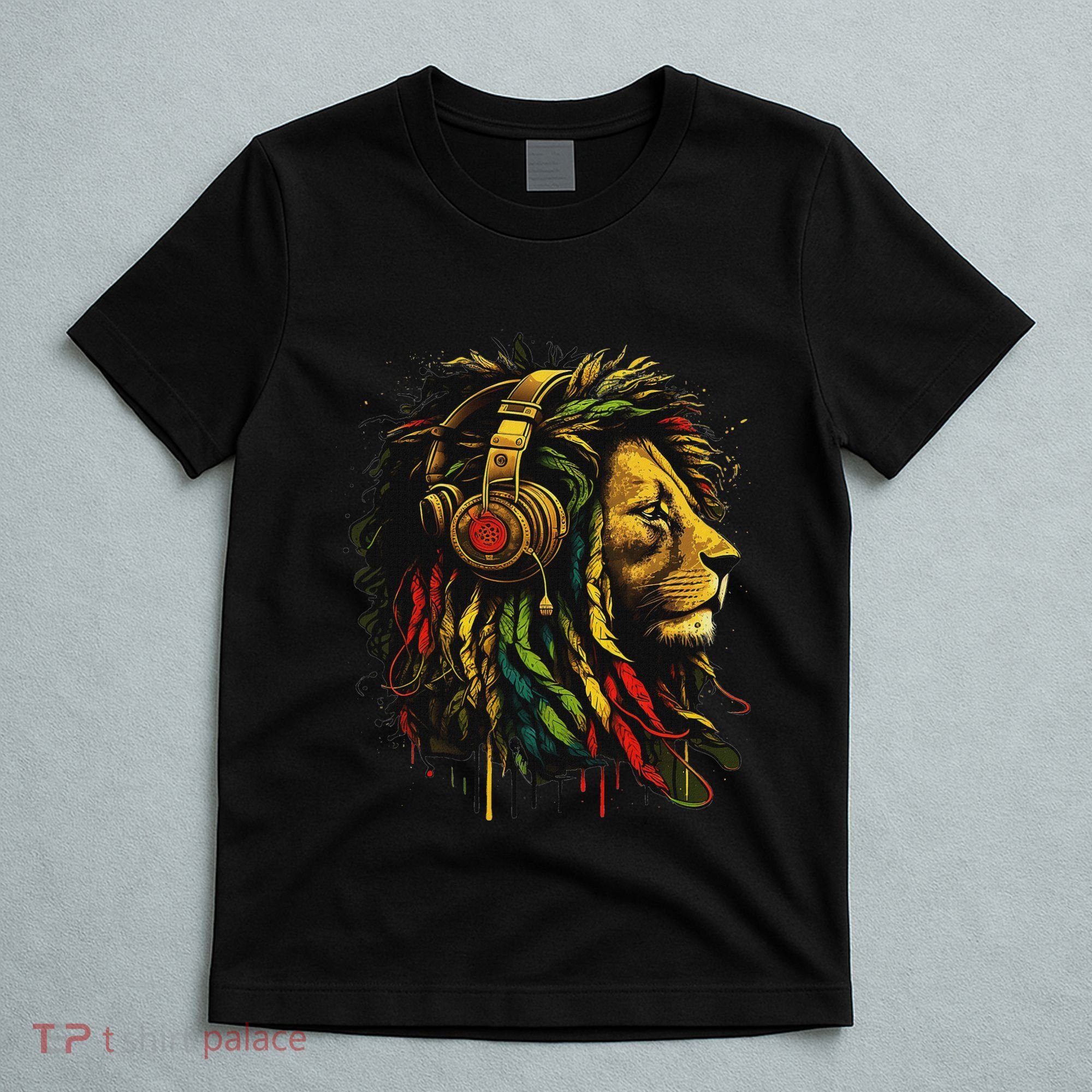 Rasta Reggae Music Headphones Jamaican Pride Lion Of Judah T-Shirt