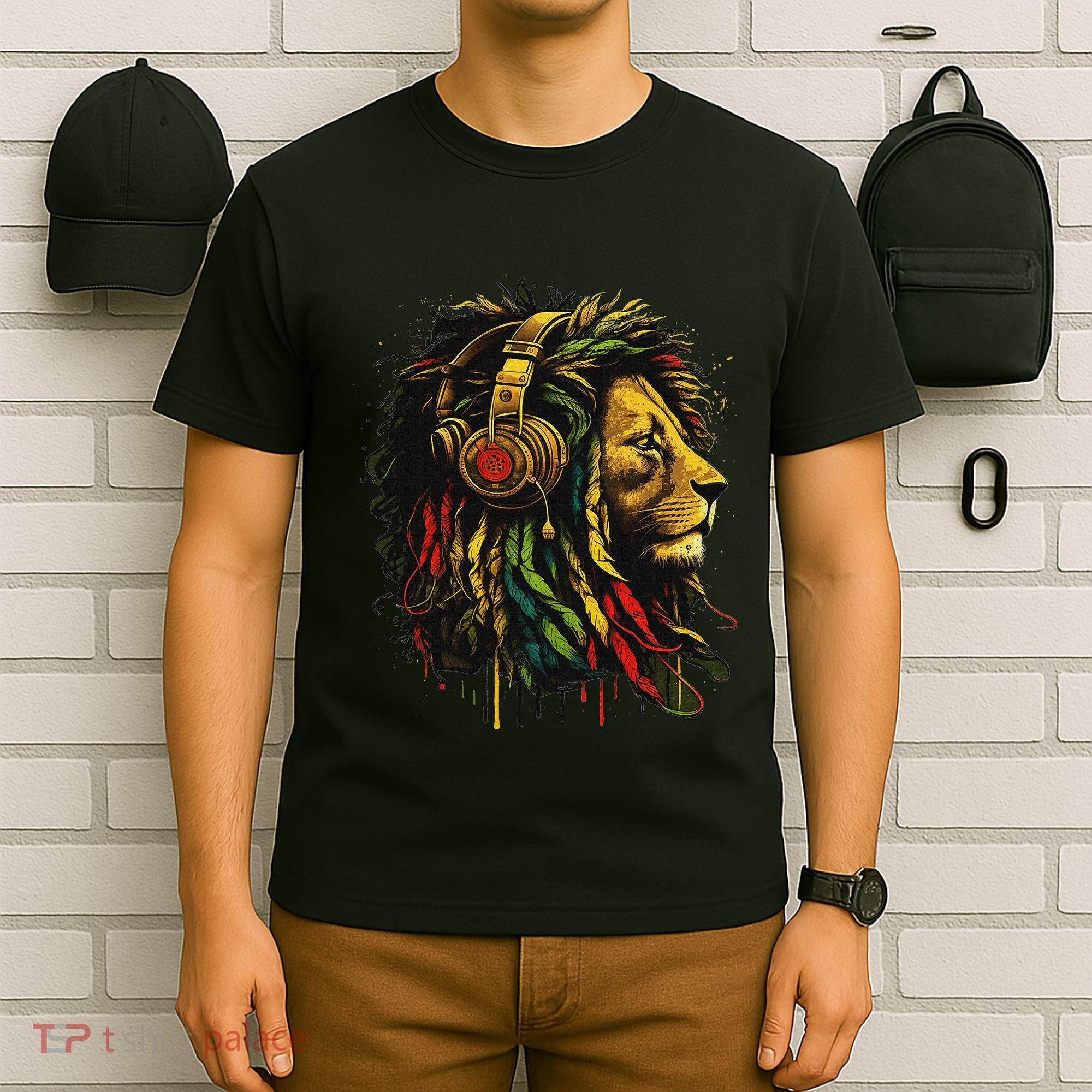 Rasta Reggae Music Headphones Jamaican Pride Lion Of Judah T-Shirt