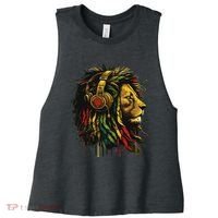 Rasta Reggae Music Headphones Jamaican Pride Lion Of Judah Women's Racerback Cropped Tank thumb 0