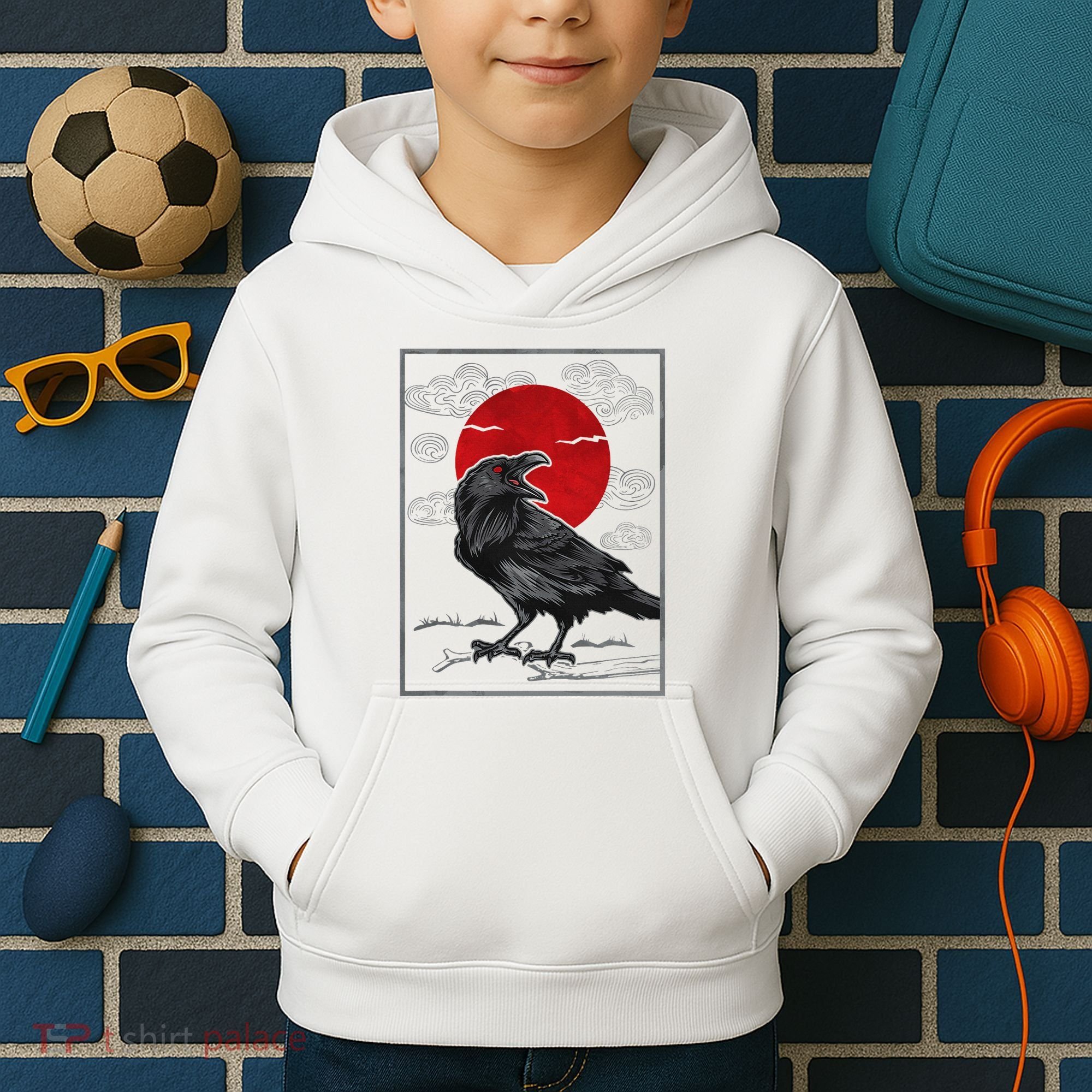 Raven Red Moon Anime Japanese Art Kids Hoodie