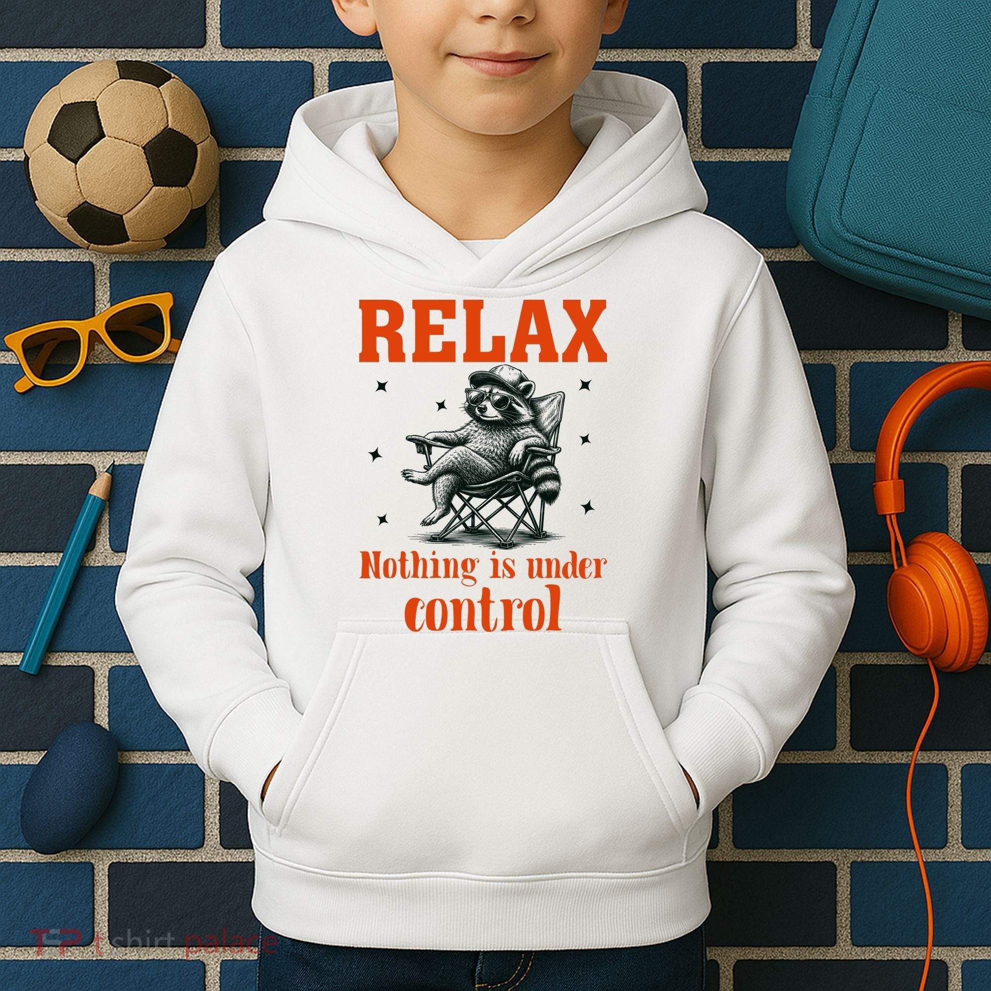 Raccoon Relax Nothing Under Control Kids Hoodie