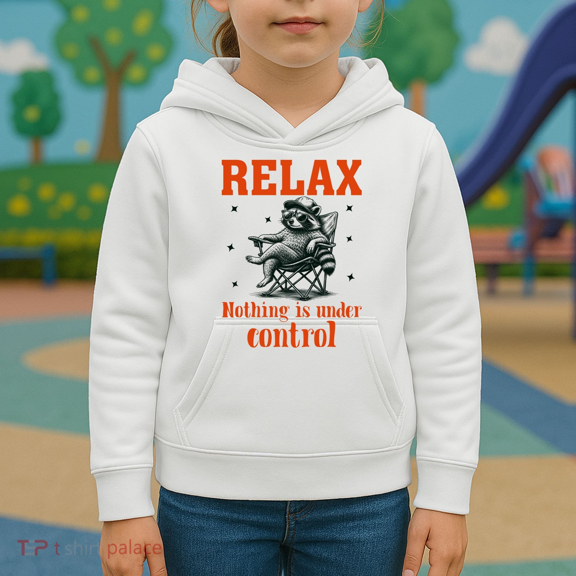 Raccoon Relax Nothing Under Control Kids Hoodie